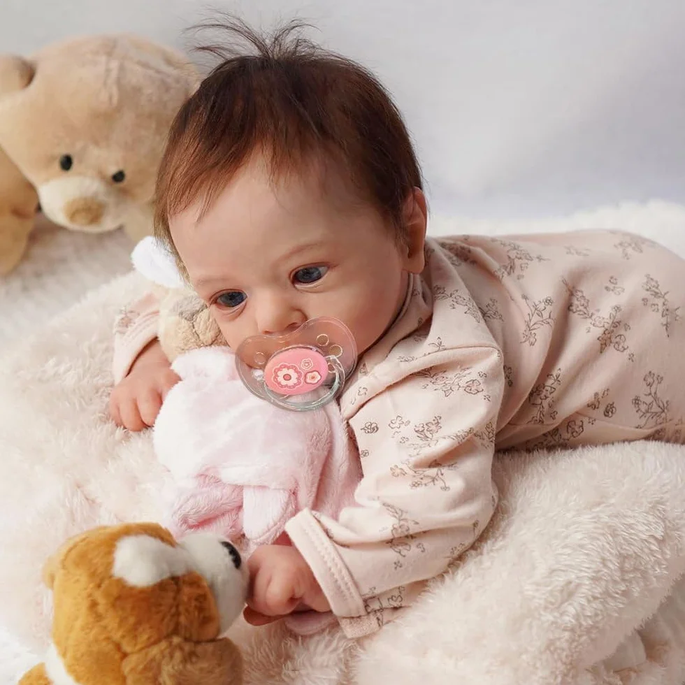 Lalki Reborn Female Realistyczne 50 cm, Oryginalne Lalki Miękkie Winylowe Ciało, Brązowe Włosy, Niebieskie Oczy, Zmywalne, Styl Niemowląt