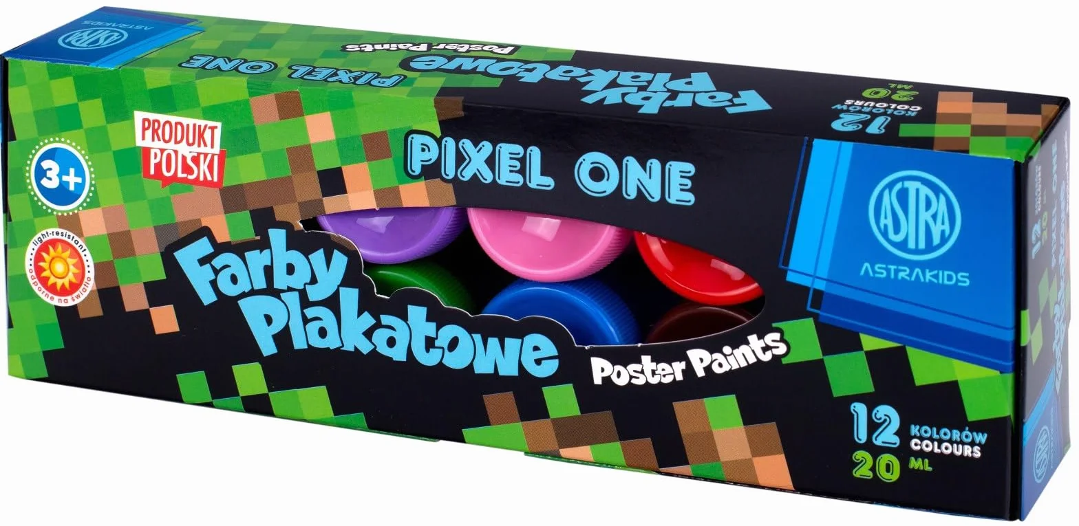 ASTRA Pixel One, 12 kolorów, Farby plakatowe, Zestaw farb, Wielokolorowy, Matowe, 20 ml każdy, Wodorozcieńczalne, 12 sztuk, Do malowania szkolnego, Do papieru, kartonu, drewna, ceramiki i kamienia