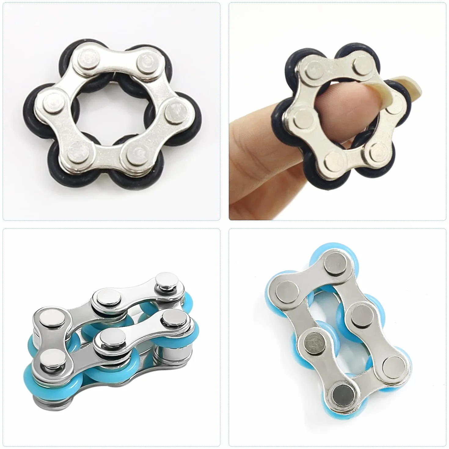 4 szt. Zestaw łańcucha Flippy, z 2 częściami sześciu łańcuchów rolkowych, zestaw fidget łagodzący stres, żelazny pierścień brelok, zestaw łańcuchów rowerowych.