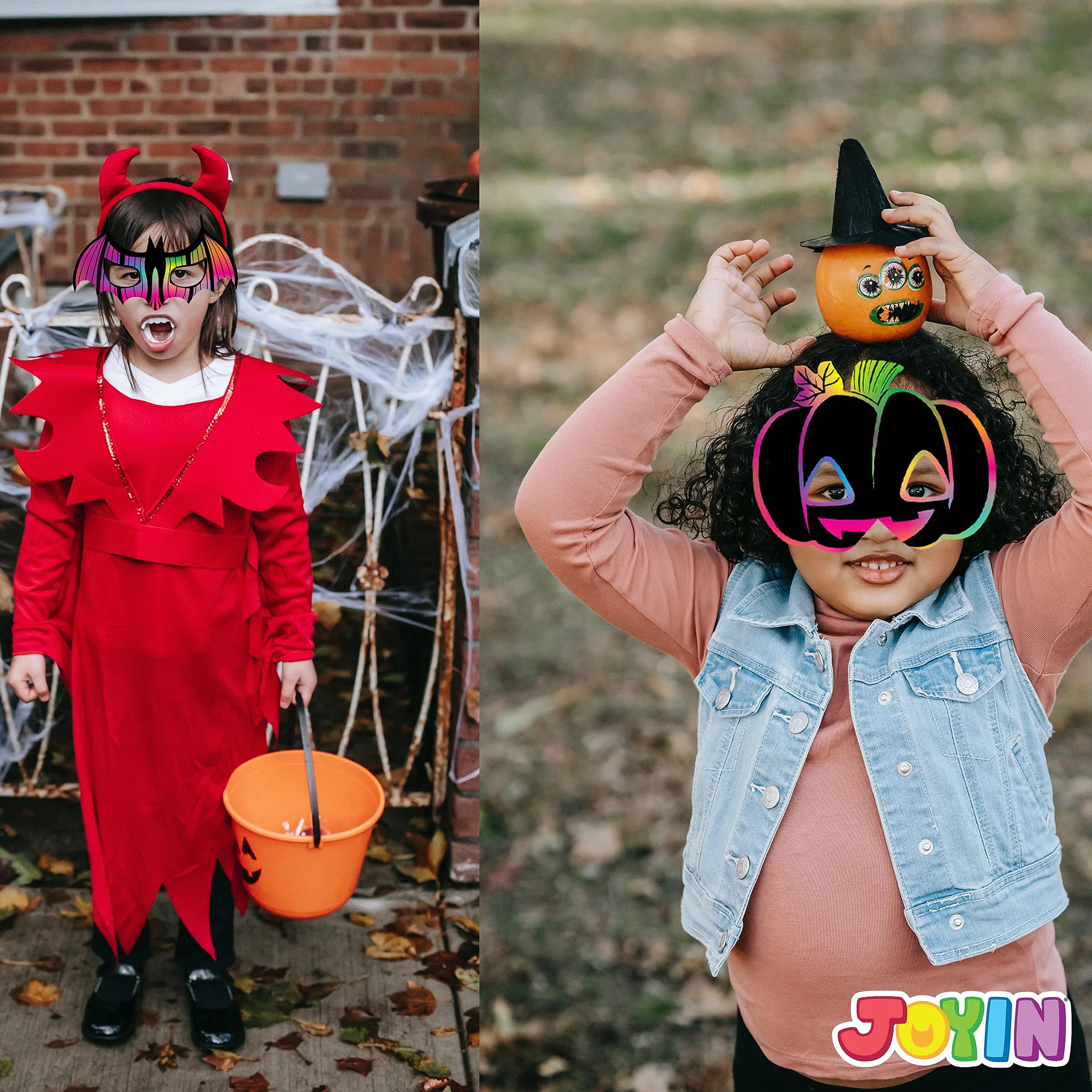 JOYIN Zestaw 32 masek do zdrapywania z 8 wzorami do sztuki i rzemiosła, książeczki aktywności, cukierek albo psikus, upominki na imprezę halloweenową i materiały na wydarzenia