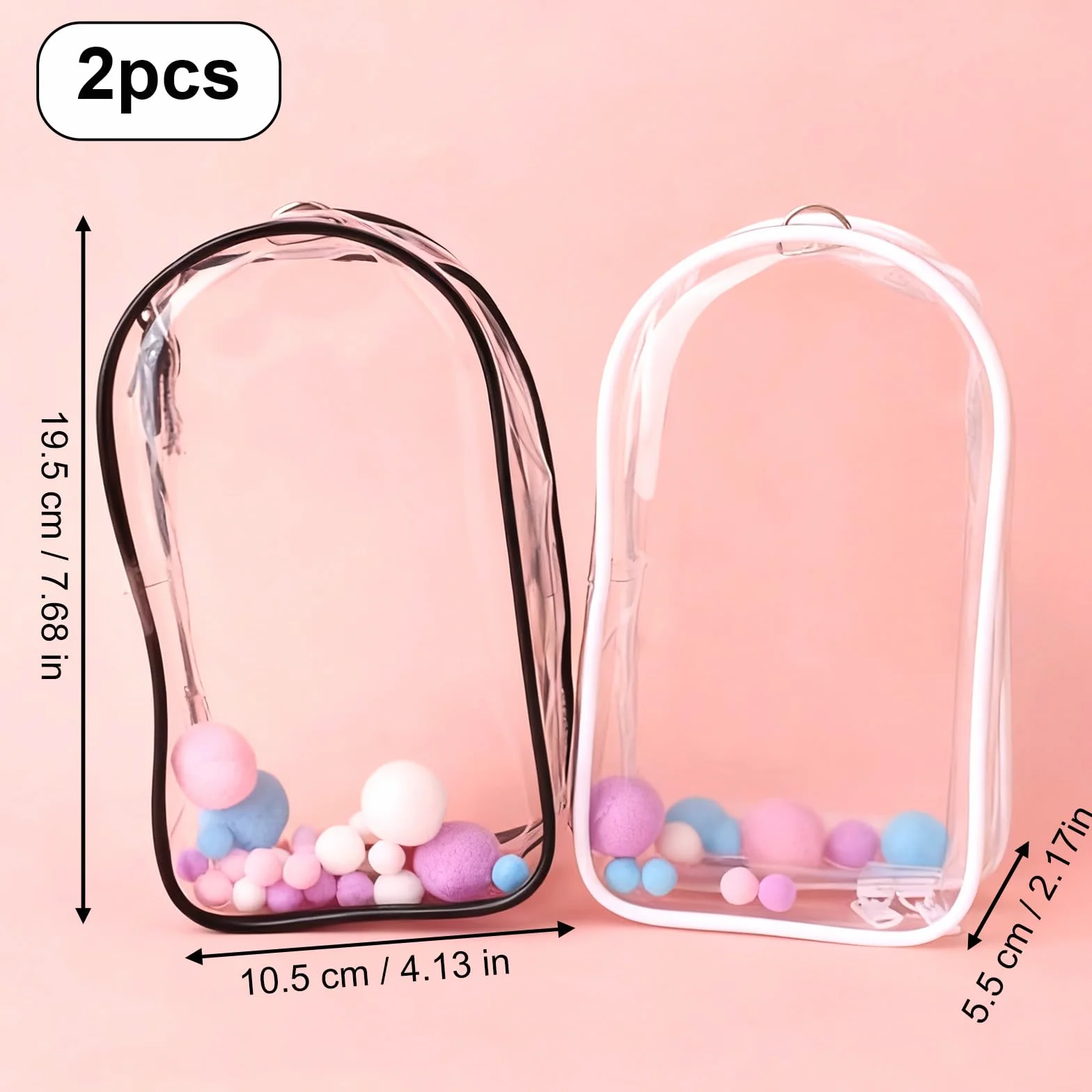 Tinoaly 2szt Torebek Ekspozycyjnych dla Lalek, 19,5x10,5cm Wodoodporna Torba Ekspozycyjna dla Lalek z PVC z Pomponem i Brelokiem Ochronna Torba na Przedmioty Kolekcjonerskie (Czarny i Biały)