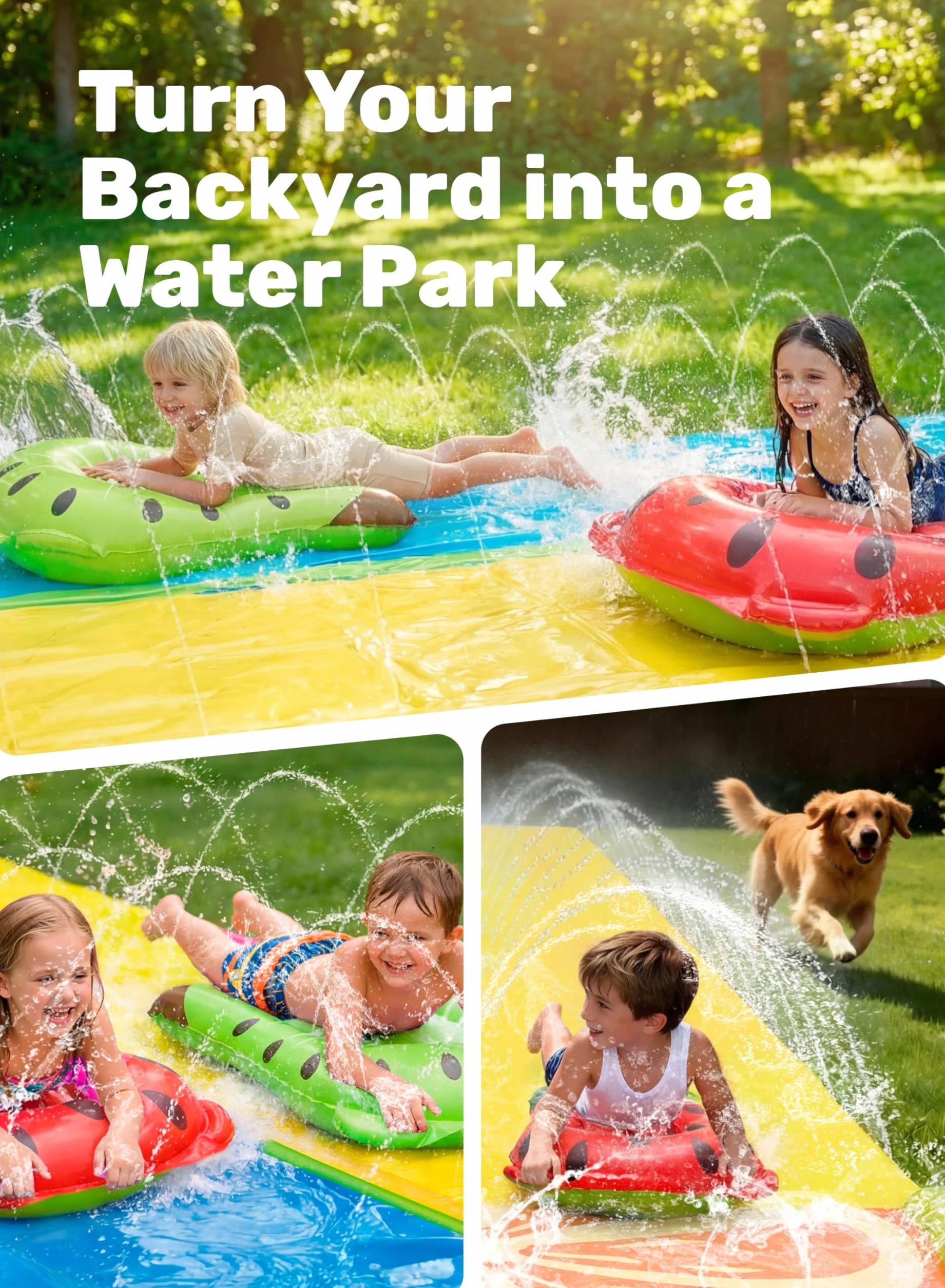 Sloosh 685,8 x 157,5 cm Water Slide 2-osobowa zjeżdżalnia wodna z 2 deskami typu boogie, do ogrodu, na zewnątrz, ze zraszaczem, letnia zabawka