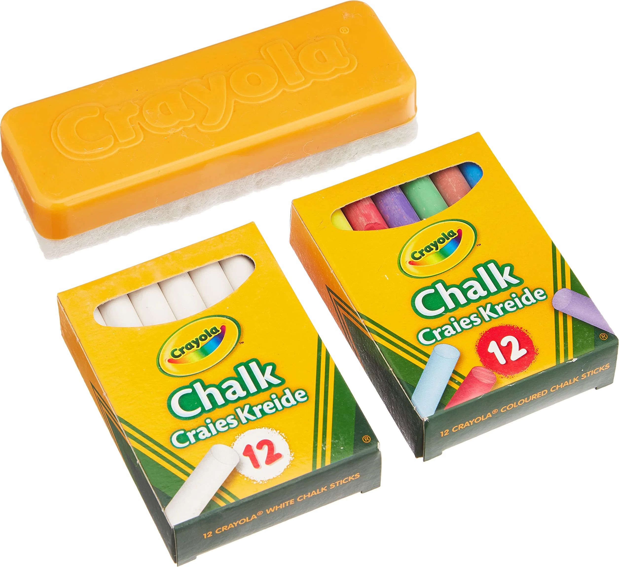 CRAYOLA – 24 białe i kolorowe kredy, zestaw do tablicy z gąbką, do szkoły i domu, 98268