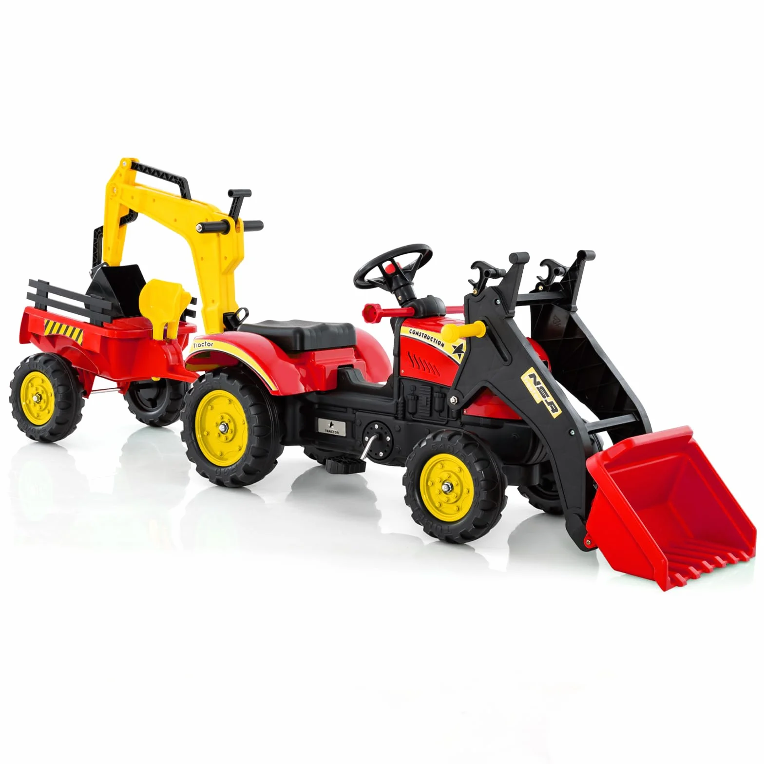 COSTWAY Traktor na pedały, ciągnik dla dzieci z odpinanym przyczepnym zbiornikiem i łopatą zabawkową, ciągnik dla dzieci do 35 kg, mini koparka dla dzieci od 3 lat (czerwony)