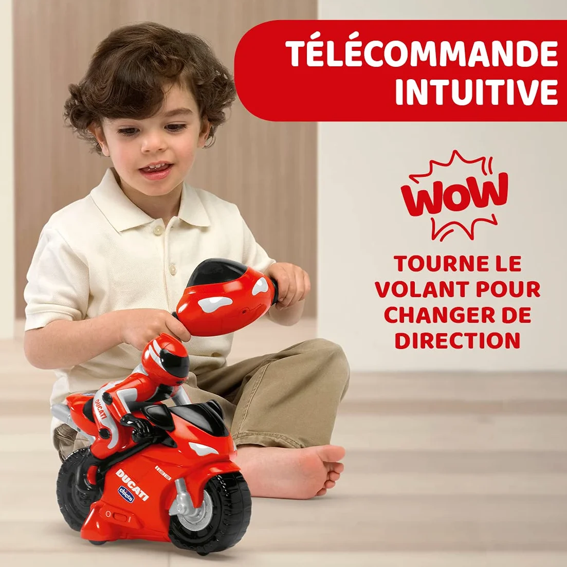 Motocykl Chicco Ducati z Intuicyjnym Sterowaniem Radiowym na Kierownicy, Zdalnie Sterowanym Klaksonem i Dźwiękami Silnika, Prezent dla Chłopca i Dziewczynki powyżej 2 lat, Zabawki dla Dzieci 2-6 lat