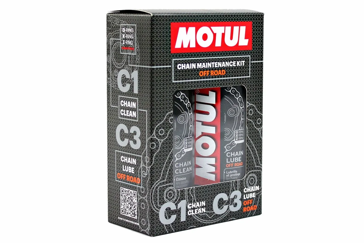 MOTUL Pakiet + Economy MC Care Spray do smarowania łańcuchów (C3) i środek do czyszczenia łańcuchów (C1) do motocykli ulicznych.
