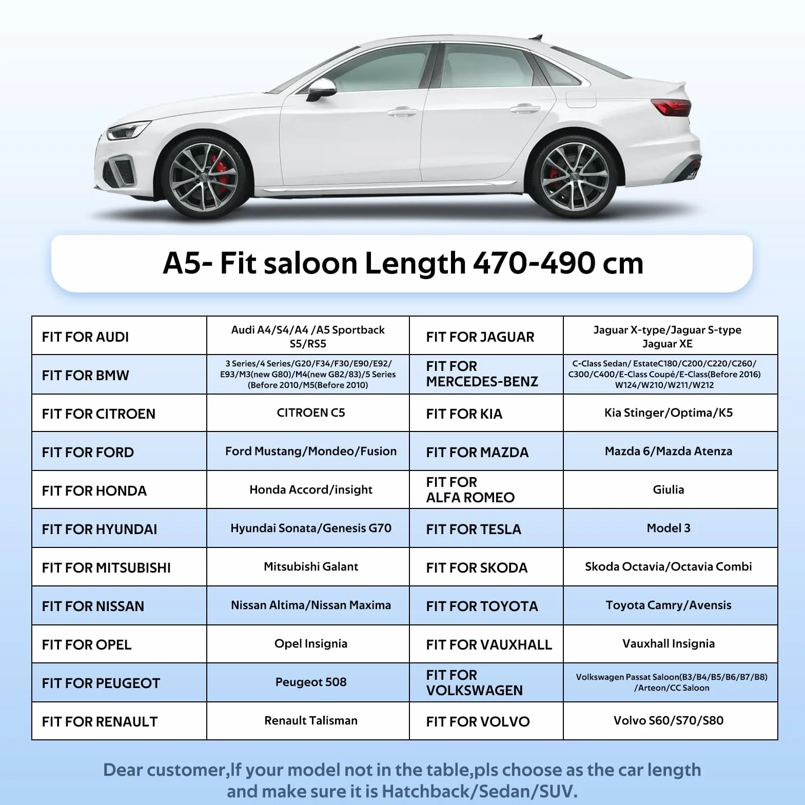 Pokrowiec samochodowy jest wodoodporny, oddychający, chroni przed deszczem, słońcem, kurzem i promieniowaniem UV. Pokrowiec nadaje się do Audi A4/A5/A6/A7 itp.