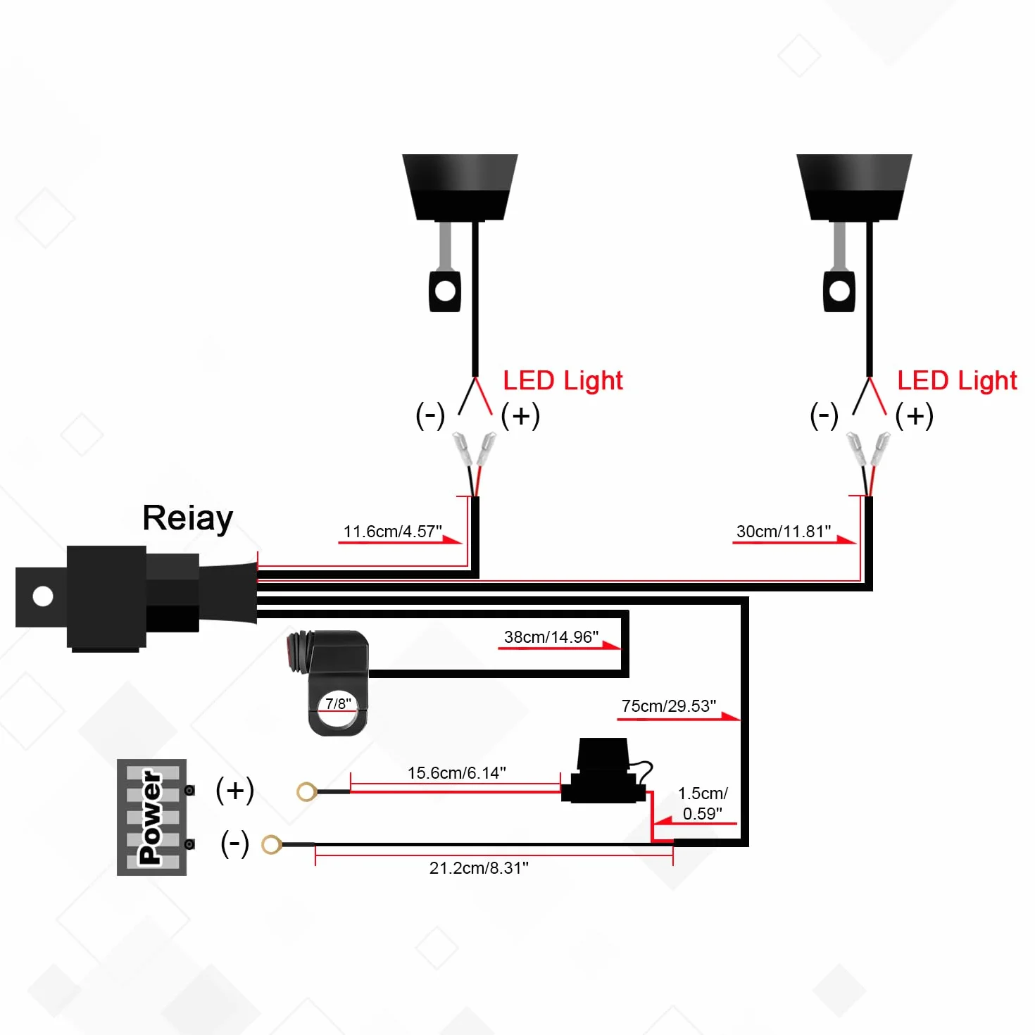 Erato Zestaw okablowania światła LED do motocykla, 2 przewody, nylonowa wiązka przewodów 7/20.3 cm, przełącznik kierownicy, 12 V, 40 A, przekaźnik 10 A, bezpiecznik rzędowy, 18 AWG, do listwy