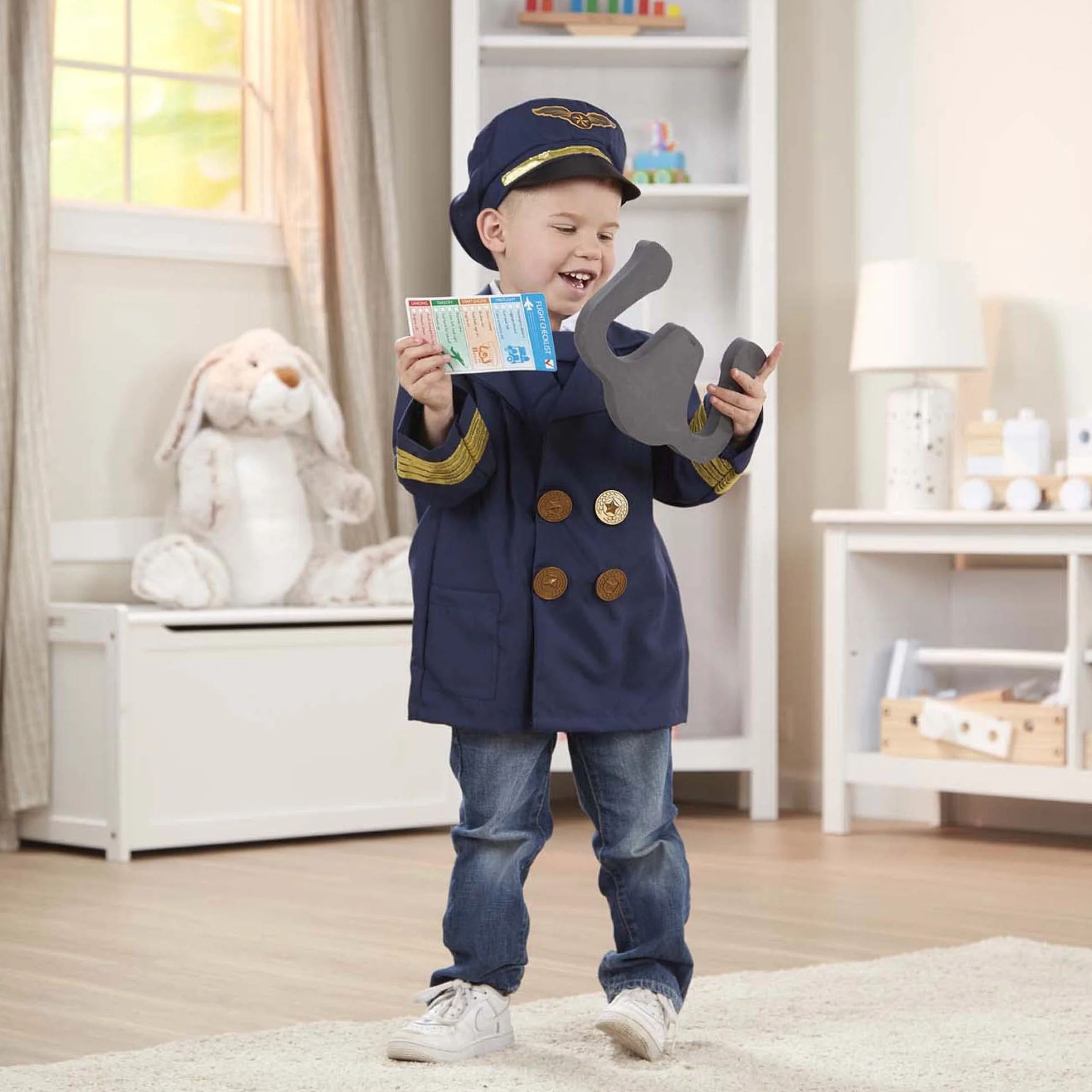 Melissa & Doug Kostium pilota dla chłopców i dziewcząt, kostium imprezowy z akcesoriami, imitacja gry, przebranie na Halloween, karnawał, dla chłopców i dziewcząt w wieku 3-6 lat, niebieski, 61,5 x