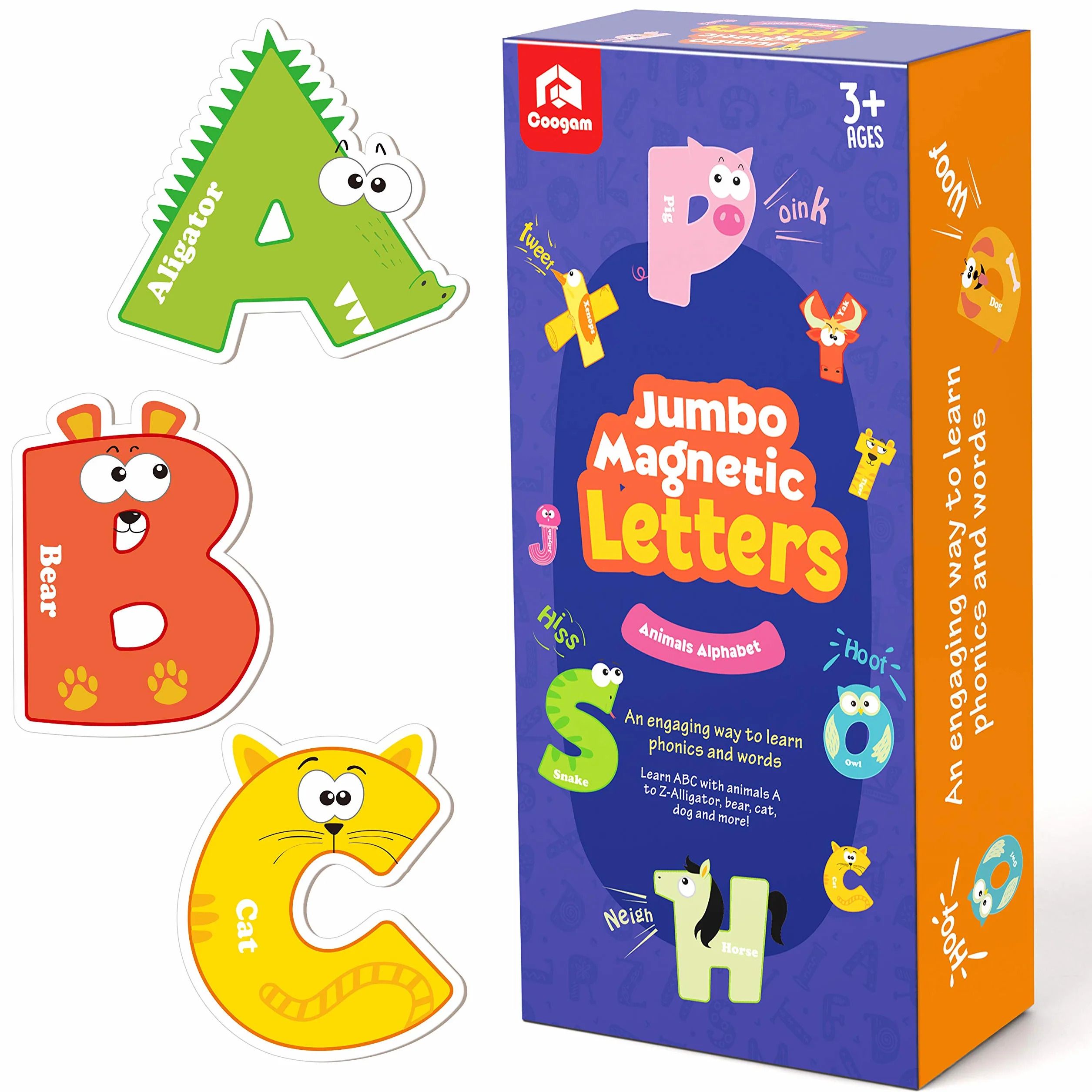 Coogam magnetyczne litery 26 sztuk Jumbo ABC alfabet kolorowy kształt zwierząt duże duże magnesy na lodówkę zestaw zabawek edukacyjnych nauka pisowni gry dla dzieci w wieku 3 4 5 lat