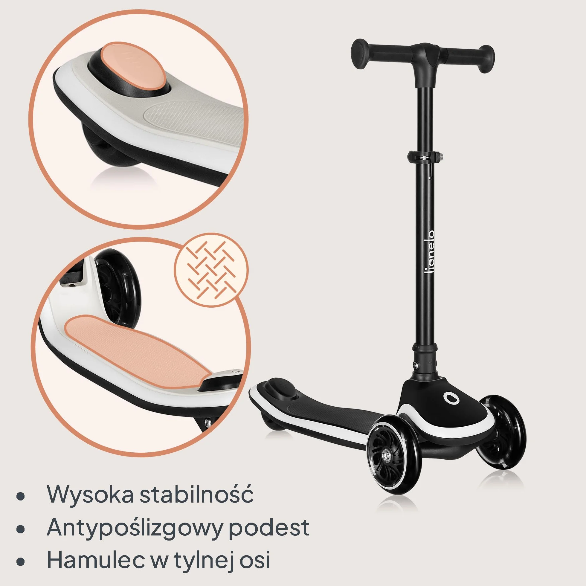 LIONELO MEY Hulajnoga Balansowa dla Dzieci od 3 roku życia do 50 kg, Trójkołowa Hulajnoga Dziecięca z Regulacją Wysokości, Antypoślizgowy Podświetlany Podest i Koła LED, Koszyk