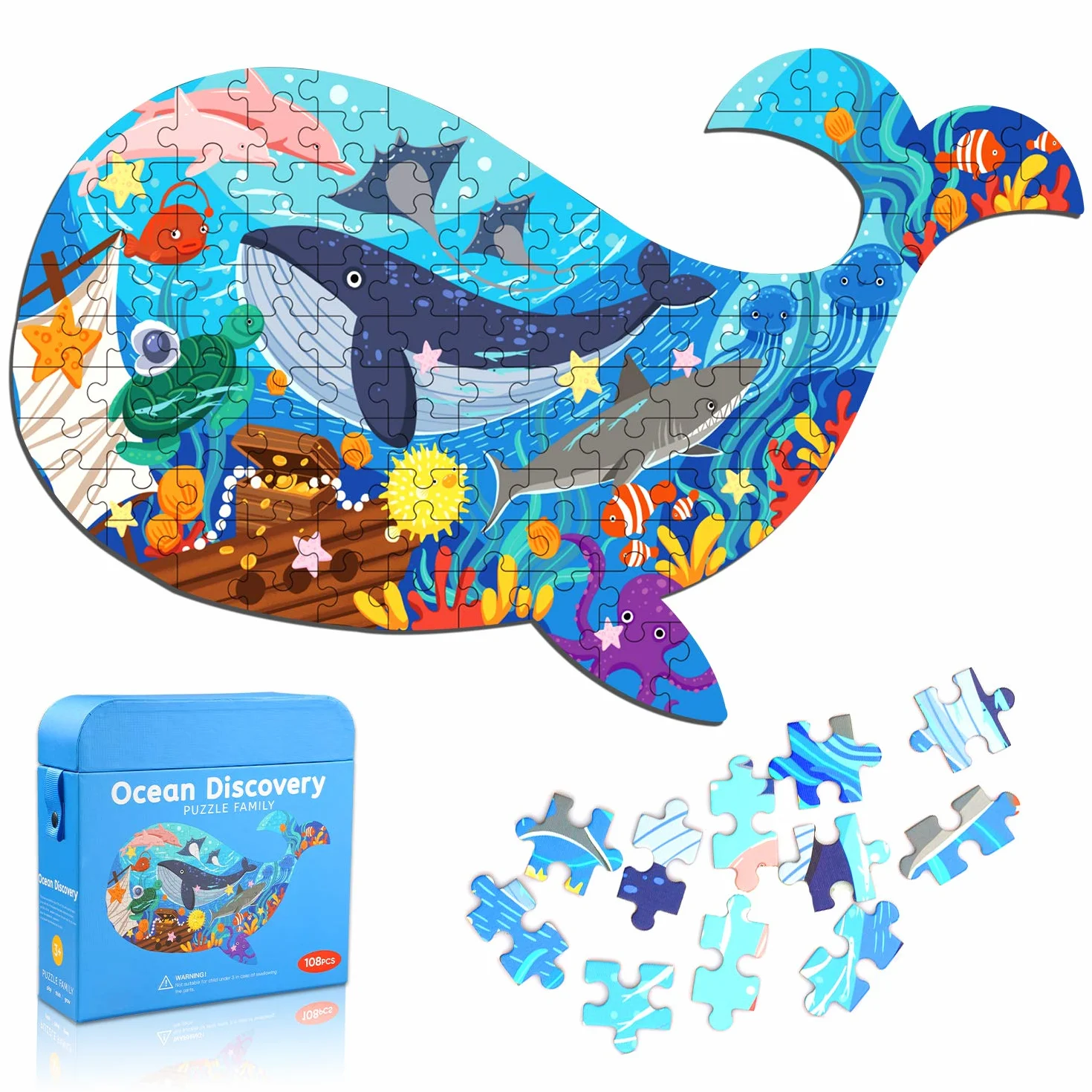 Ocean World Whale Jigsaw Puzzle dla dzieci, 108 element贸w Puzzle z du偶ymi elementami dla dzieci w wieku 4 5 6 7 8 9 10 lat