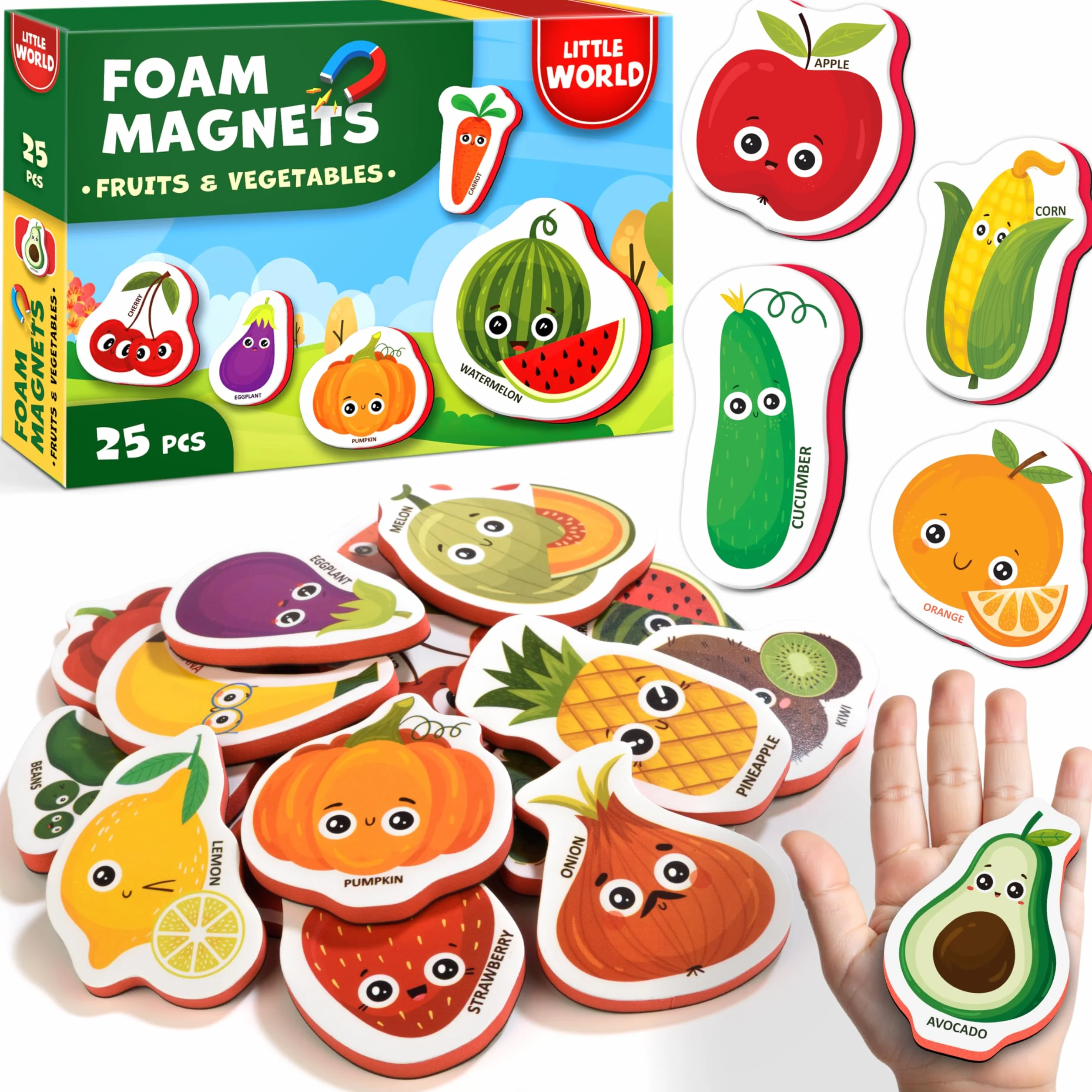 Little World 31 piankowych magnesów na lodówkę dla dzieci – magnesy na lodówkę dla małych dzieci – magnesy na lodówkę dla dzieci – magnetyczne magnesy na owoce i warzywa