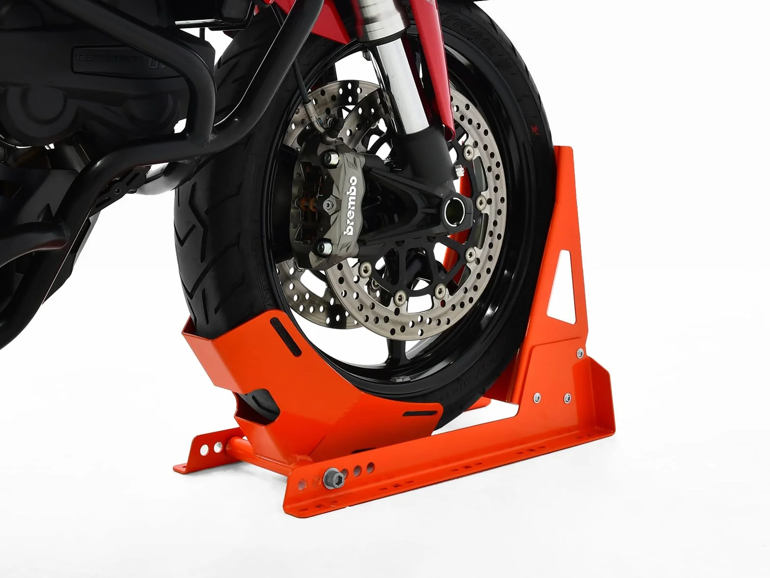 IBEX Łopatka transportowa, stojak montażowy, koło przednie 17"-21", rozmiar koła, uchwyt na koło, zacisk na koło, kołyska motocyklowa, kołyska, stojak do parkowania, pomarańczowy