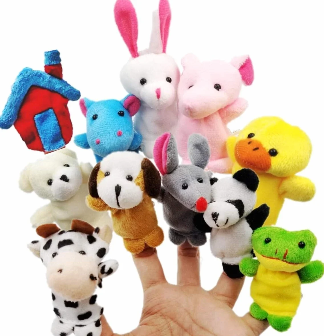 JZK 11 zwierząt palec marionetka zestaw mała pluszowa zabawka zwierzę ręka marionetka dla dzieci dzieci upominki na przyjęcie urodzinowe torby wypełniacze