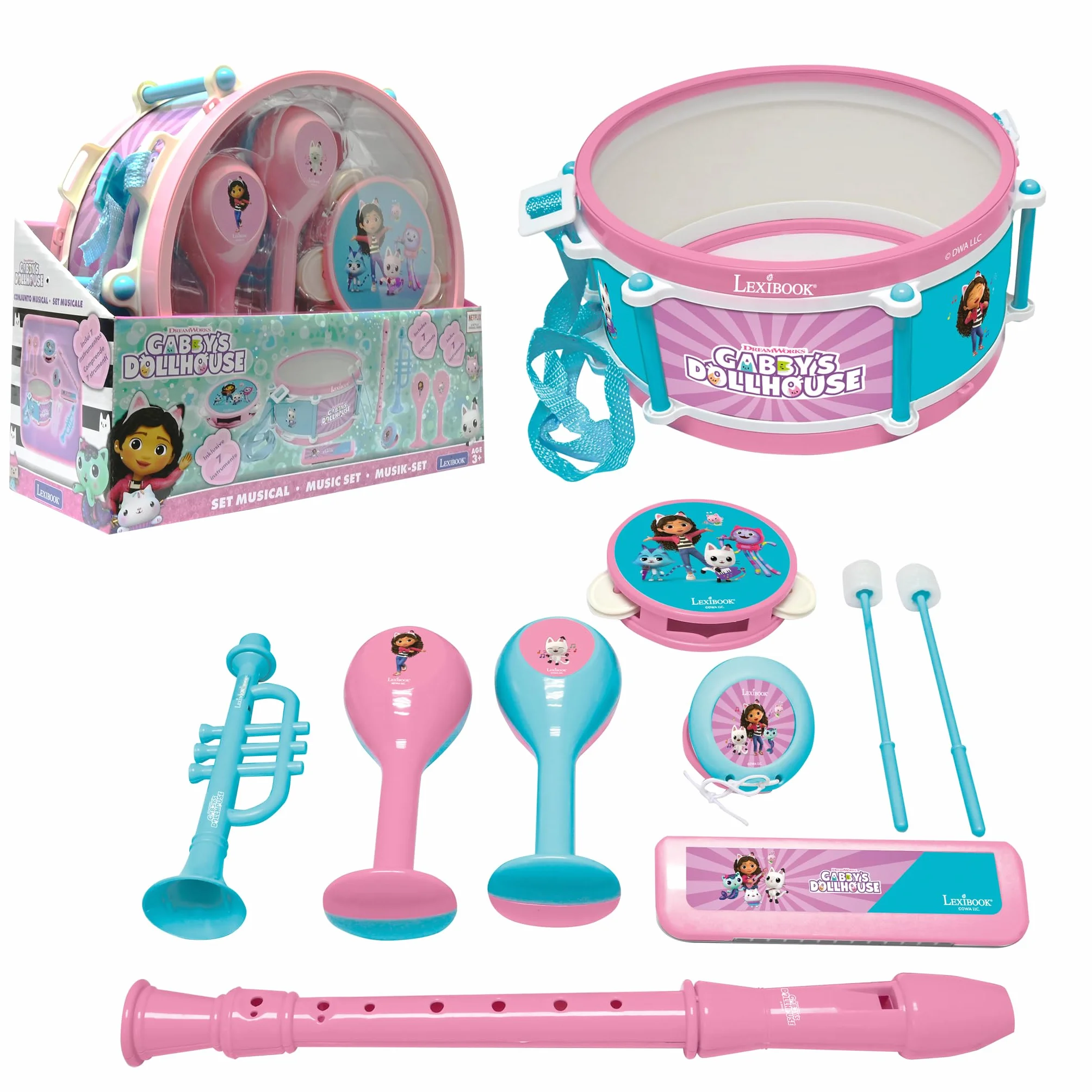 Lexibook, Domek dla Lalek Gabby, Zestaw 7 Instrumentów Muzycznych (Bęben, Marakas, Nacchera, Harmonijka, Flet, Trąbka, Drum Toy), Zabawka Muzyczna, Wygodna w Noszeniu, Różowy, Niebieski, K360GDH