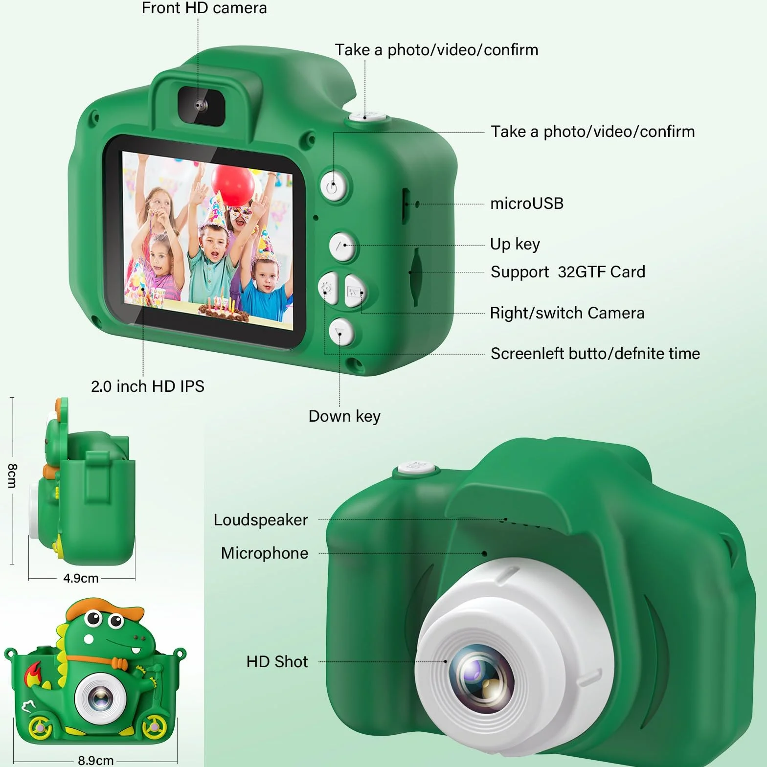 Aparat dziecięcy, aparat dziecięcy 2-calowy wyświetlacz 1080P, aparat cyfrowy do selfie Dzieci z 32 GB, aparat fotograficzny Dzieci dla 3 4 5 6 7 8 9 10 lat Chłopcy i dziewczęta Prezenty (zielony)