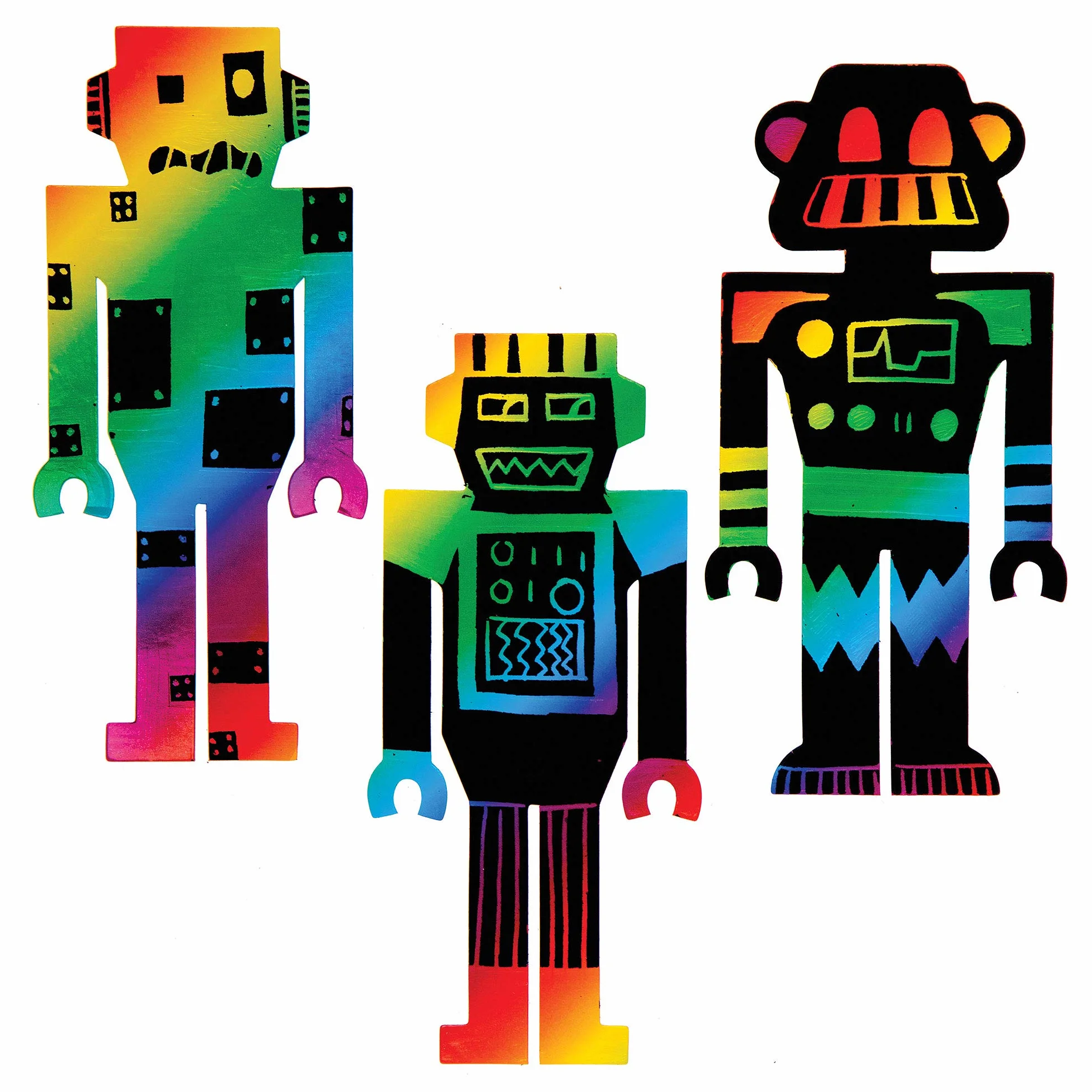 Baker Ross AT682 Robot Scratch Art Zakładki - Opakowanie 10 sztuk, tęczowy papier do zdrapywania z rysikiem dla dzieci do dekoracji w sztuce i rękodziele