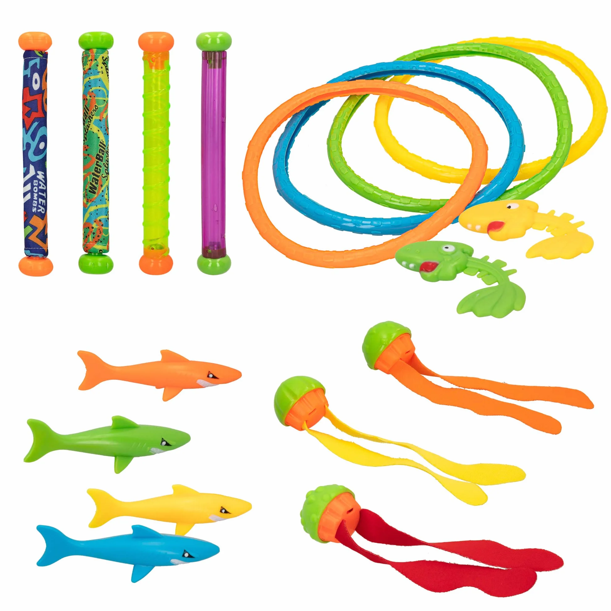 COLORBABY 49536, Zestaw zabawek nurkowych 17 sztuk, CB Toys, Zestawy do nurkowania w wodzie, Zawiera 4 kije, 4 obręcze, 4 rekiny, 3 torpedy i 2 ryby, Gra w basenach, Prezenty i zabawki dla dzieci