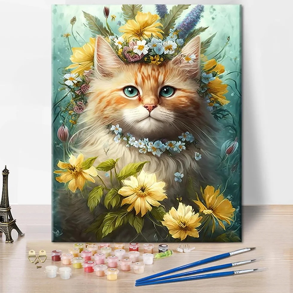 TISHIRON Zestaw do malowania po numerach, abstrakcja, dla dorosłych, śliczny kotek, kwiaty, DIY, obraz na płótnie, malarstwo akrylowe, olejne rękodzieło, 40 x 50 cm