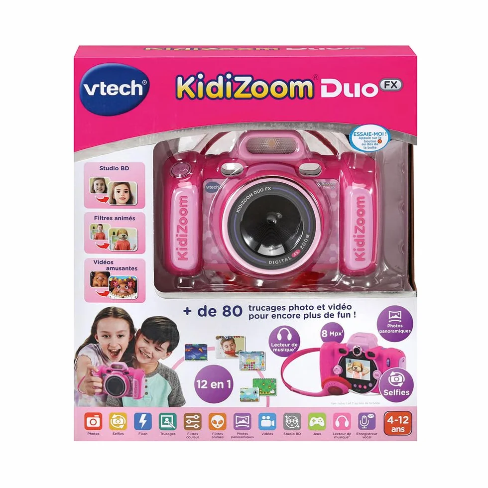 VTech - KidiZoom Duo FX Rose, aparat cyfrowy dla dzieci, fotografia, selfie, wideo, kolorowy ekran, studio komiksowe, filtry i efekty Rigolos, prezent dla dzieci od 4 lat do 12 lat - Zawartość w