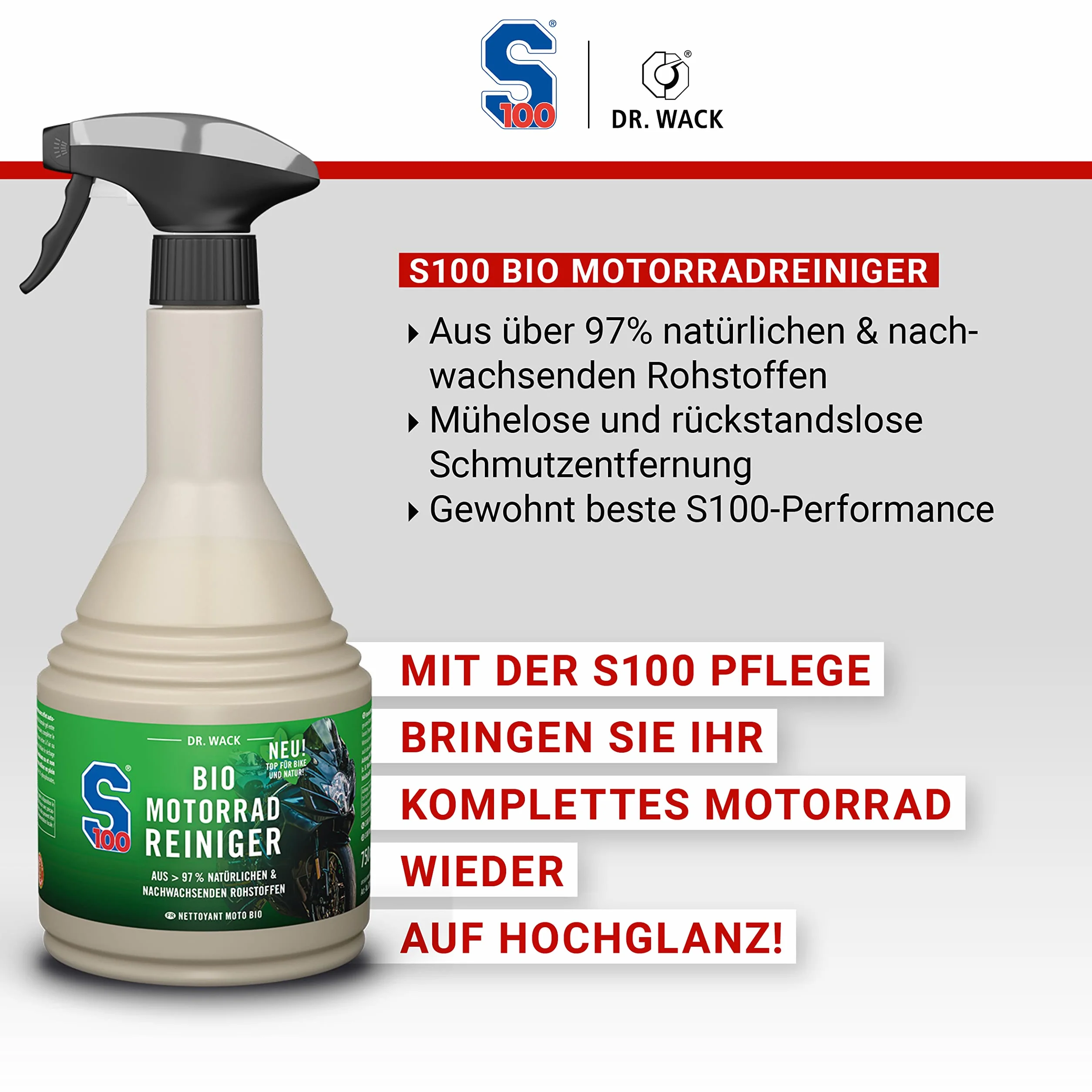 DR. WACK S100 Bio środek czyszczący do motocykli 750 ml – skuteczne czyszczenie bez pozostawiania śladów – ekologiczny środek czyszczący do motocykli – biodegradowalny i bezpieczny dla materiału –