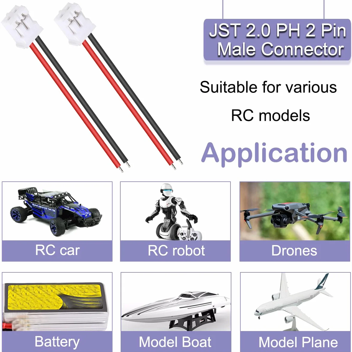 40 szt. JST 2.0 PH 2-pinowe złącze męskie z kablem 10 cm i żeńskim mikro JST PH 2,0 mm 2-pinowe złącze wtykowe do samolotu, quadkoptera, łodzi, samochodu, zabawek, panelu sterowania PCB