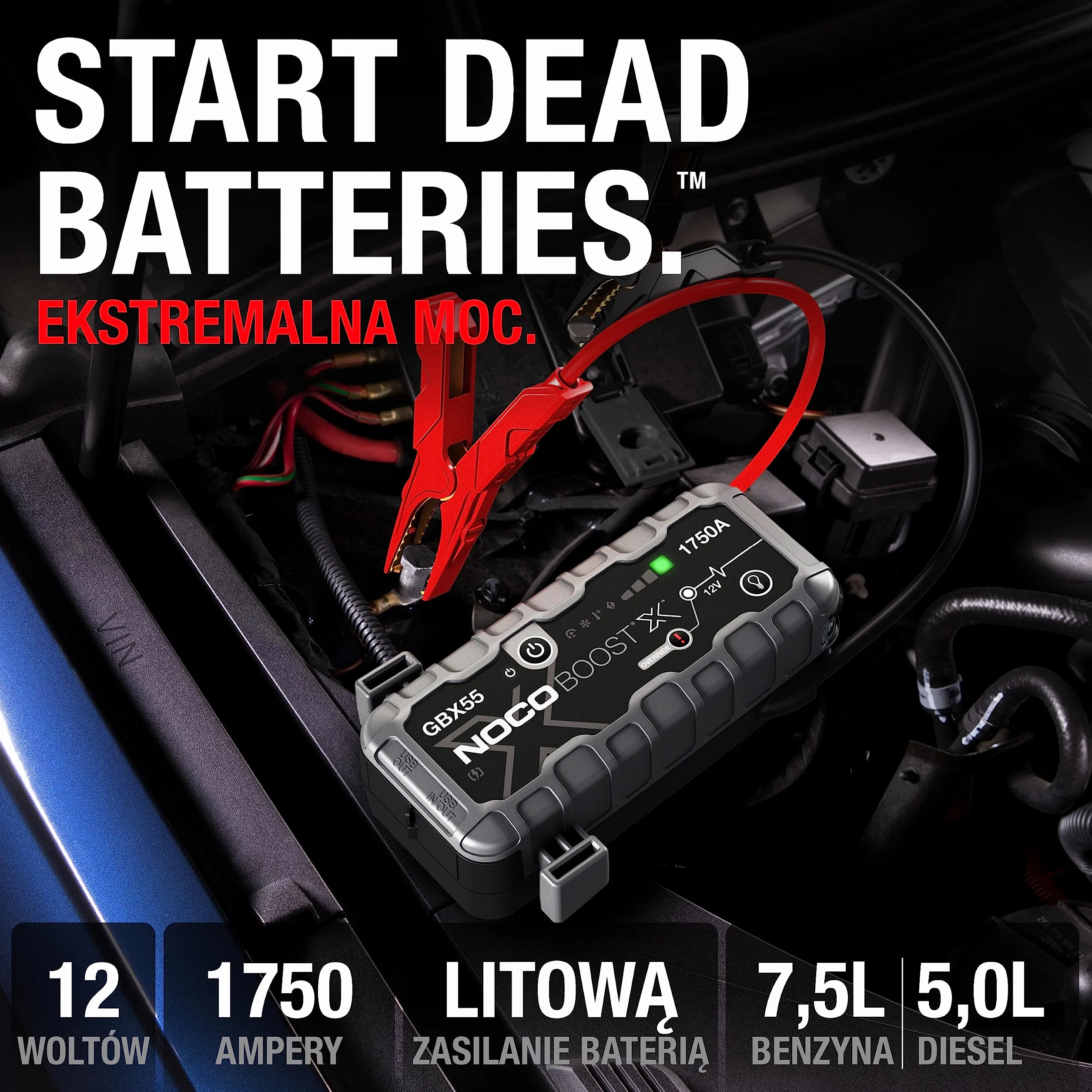 NOCO Boost X GBX55 1750A 12V UltraSafe litowy urządzenie rozruchowe, booster do akumulatora I kable rozruchowe do 7,5-litrowych silników benzynowych i 5,0-litrowych silników wysokoprężnych