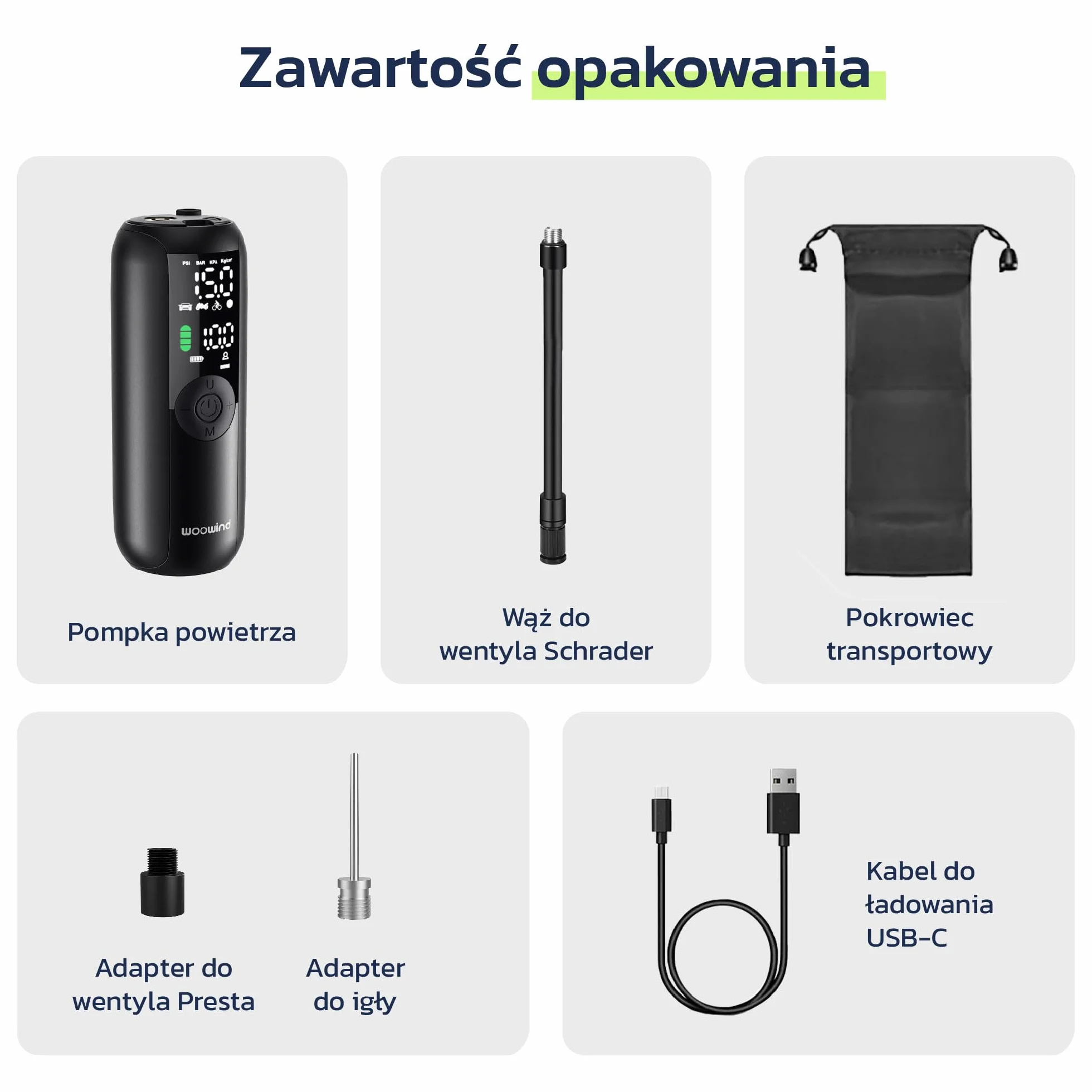 Woowind LP1 Przenośna Sprężarka Powietrza 150 PSI/10.3 BAR, Automatyczne Wyłączanie, Ładowanie USB, LED do Samochodów, Motocykli, Rowerów, Piłek, Adaptery Presta/Schrader