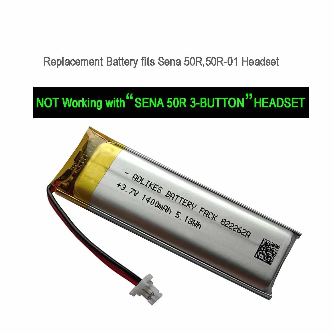 AOLIKES 3,7 V 1400 mAh 5,18 Wh akumulator Lipo do wielokrotnego ładowania zamiennik akumulatora Sena 50R, 50R-01 motocyklowego zestawu słuchawkowego Bluetooth, 2-przewodowy zestaw akumulatorów