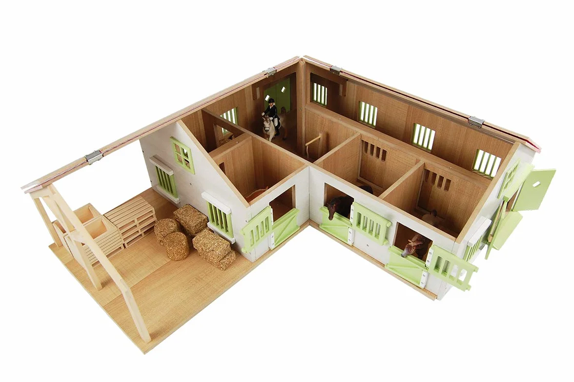 Kids Globe Farming Riding Farm Pink Farm Horse Stable Wooden 1:24 with 3 Boxes Toy Horse Farm with Practical Folding Roof, for All Standard Animal Figures 610210