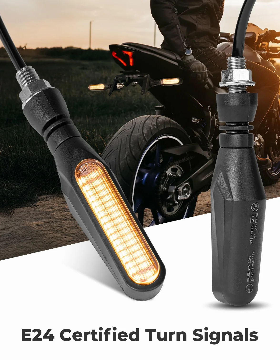 KEMIMOTO Kierunkowskazy motocyklowe E24 Mark, 12 V, super jasne diody LED, M10, czarne, uniwersalne kierunkowskazy, IP67, wodoszczelne kierunkowskazy do motocrossu, roweru, 2 sztuki