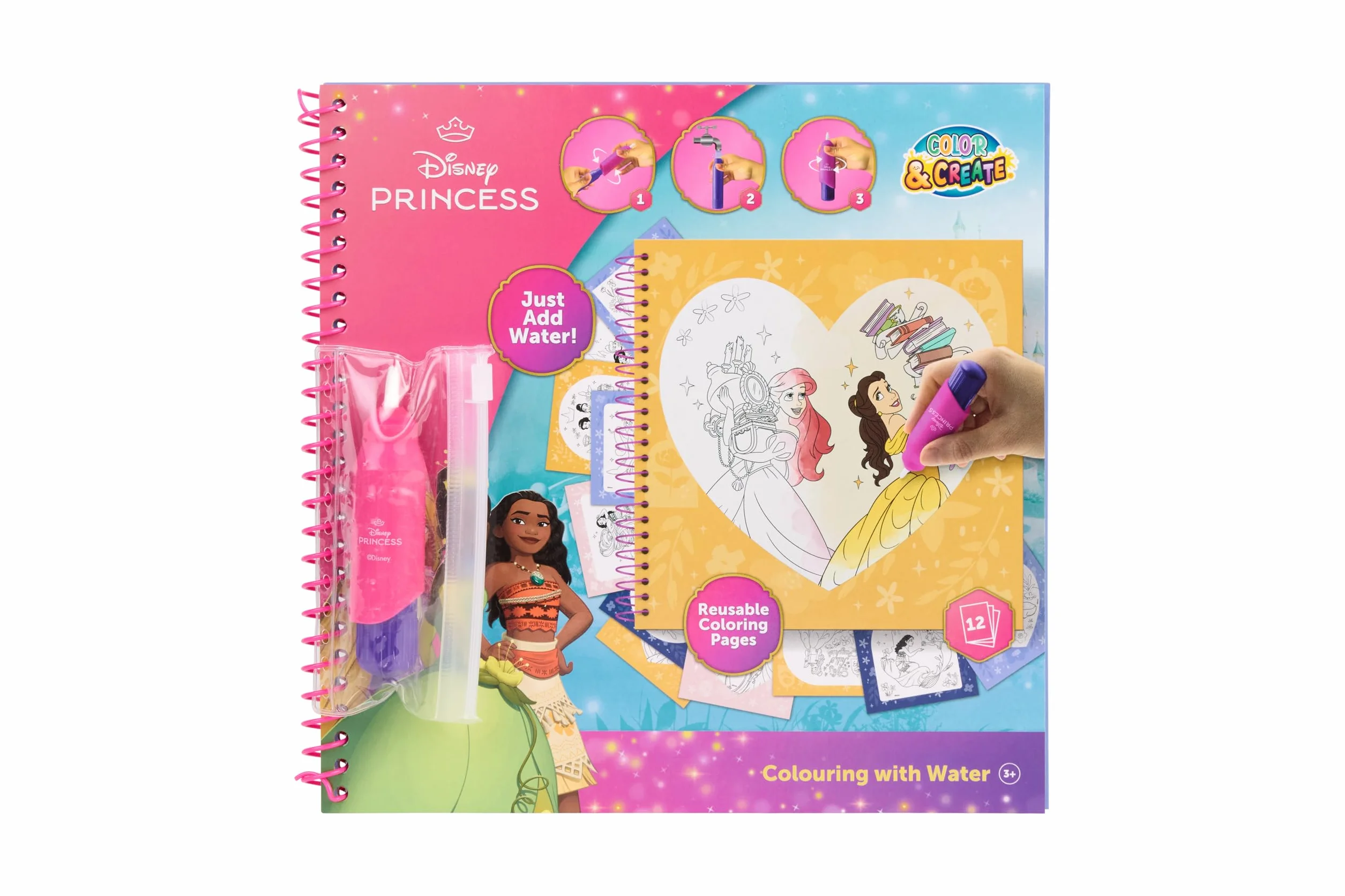 Disney Princess kolorowanka z wodą | Kolorowanka wielokrotnego użytku dla dzieci od 3 lat | Z napełnianym ponownie pisakiem wodnym | 12 stron do pokolorowania | Vaiana, Roszpunka, Królewna Śnieżka