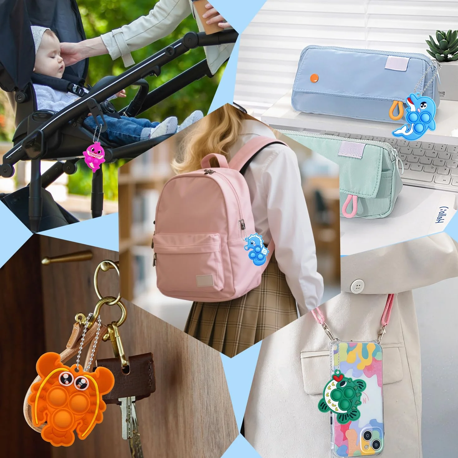 Yeefunjoy 12 sztuk breloczków Pop Keyring It Fidget Toy, breloczki z motywem zwierząt morskich Pop Keychain Bubble Stress Relief dla dzieci, dodatki do torebek z upominkami dla dzieci i dorosłych