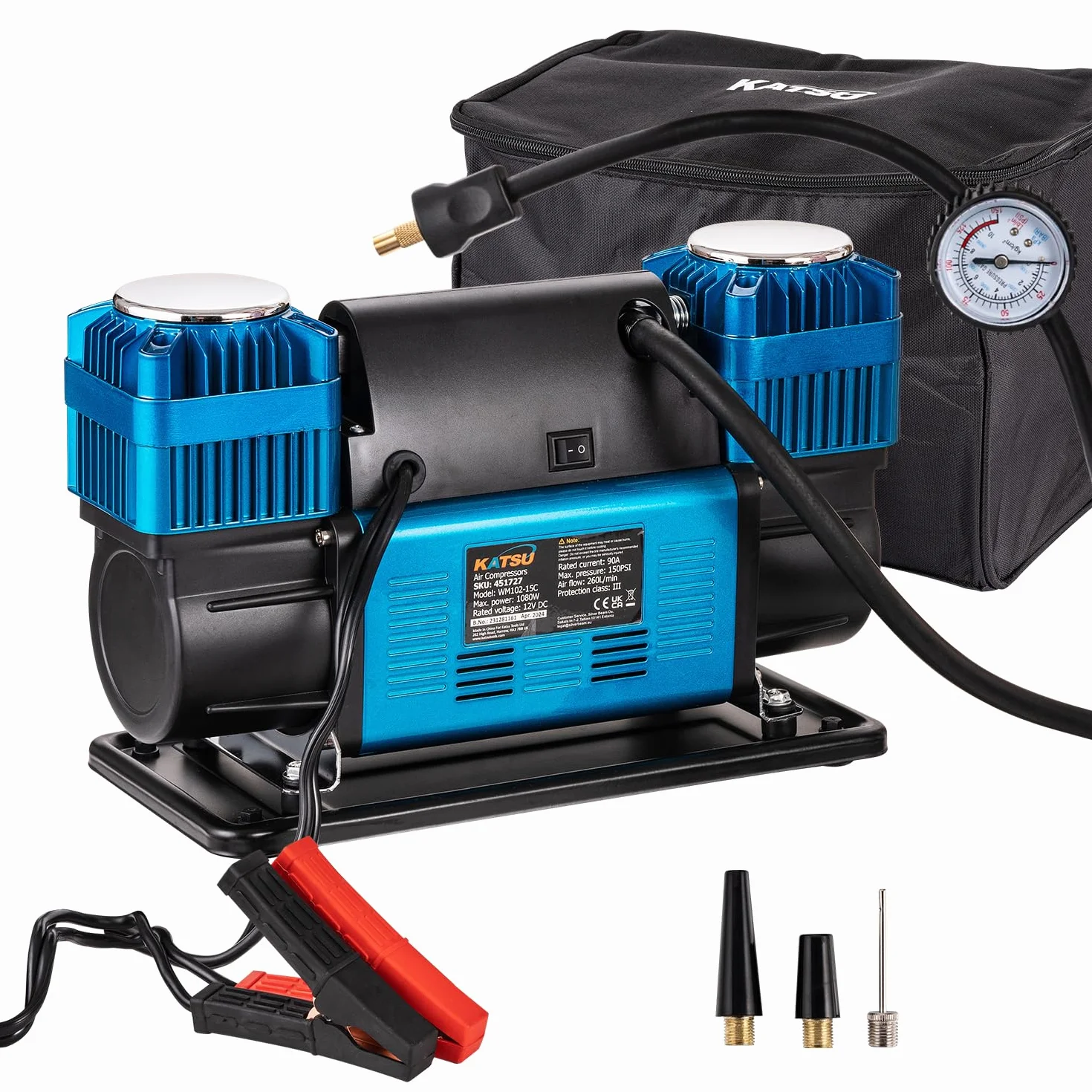 KATSU Tools Profesjonalna sprężarka powietrza do samochodu, 2 cylindry, 150 psi, 12 V, 90 A, duża pojemność, przenośna sprężarka powietrza, pompa do opon 4WD do samochodów ciężarowych, vanów, rowerów