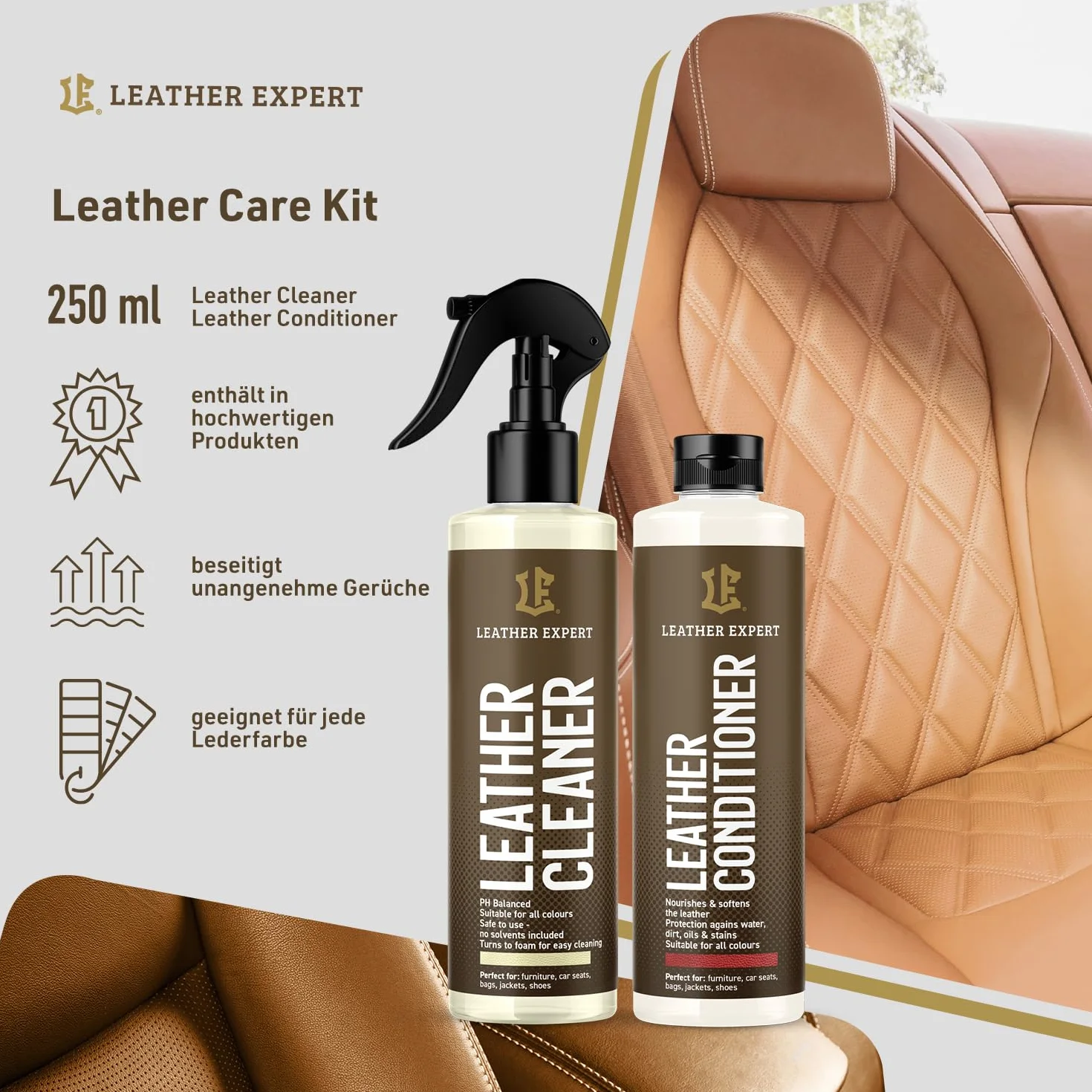 Leather Expert Car Care Kit Zestaw do pielęgnacji skóry 250 ml + 250 ml Szczotka Gąbka Ściereczka z mikrofibry