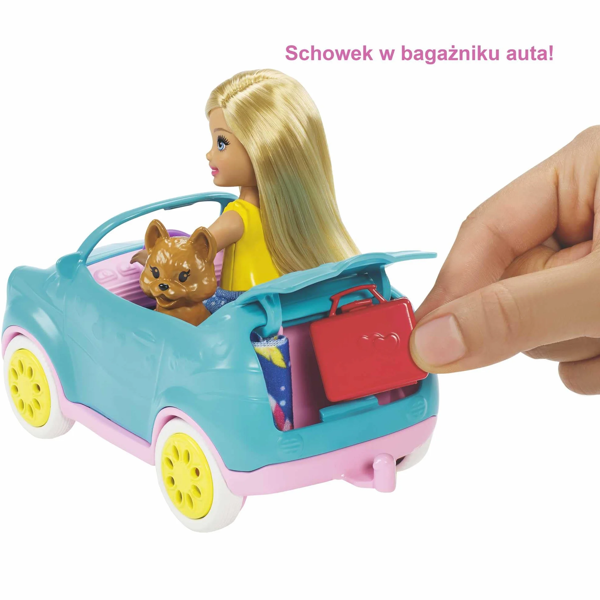 Barbie Zestaw do zabawy z przyczepą kempingową, lalką Chelsea , szczeniaczkiem, samochodem, paleniskiem, gitarą i 10 akcesoriami, prezent dla dzieci w wieku od 3 do 7 lat, FXG90