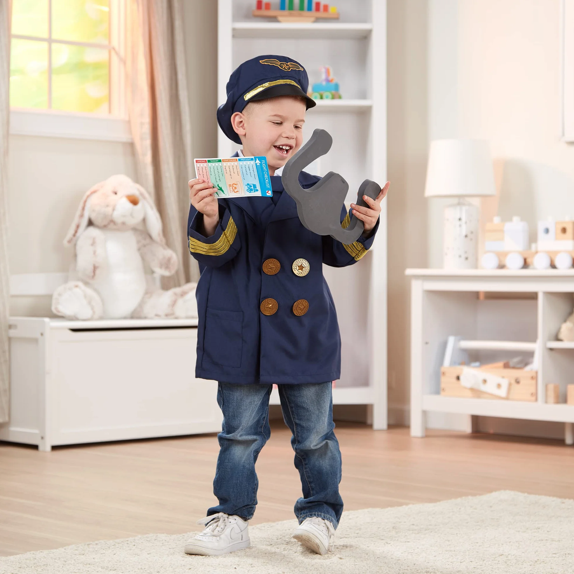 Melissa & Doug Kostium pilota dla chłopców i dziewcząt, kostium imprezowy z akcesoriami, imitacja gry, przebranie na Halloween, karnawał, dla chłopców i dziewcząt w wieku 3-6 lat, niebieski, 61,5 x