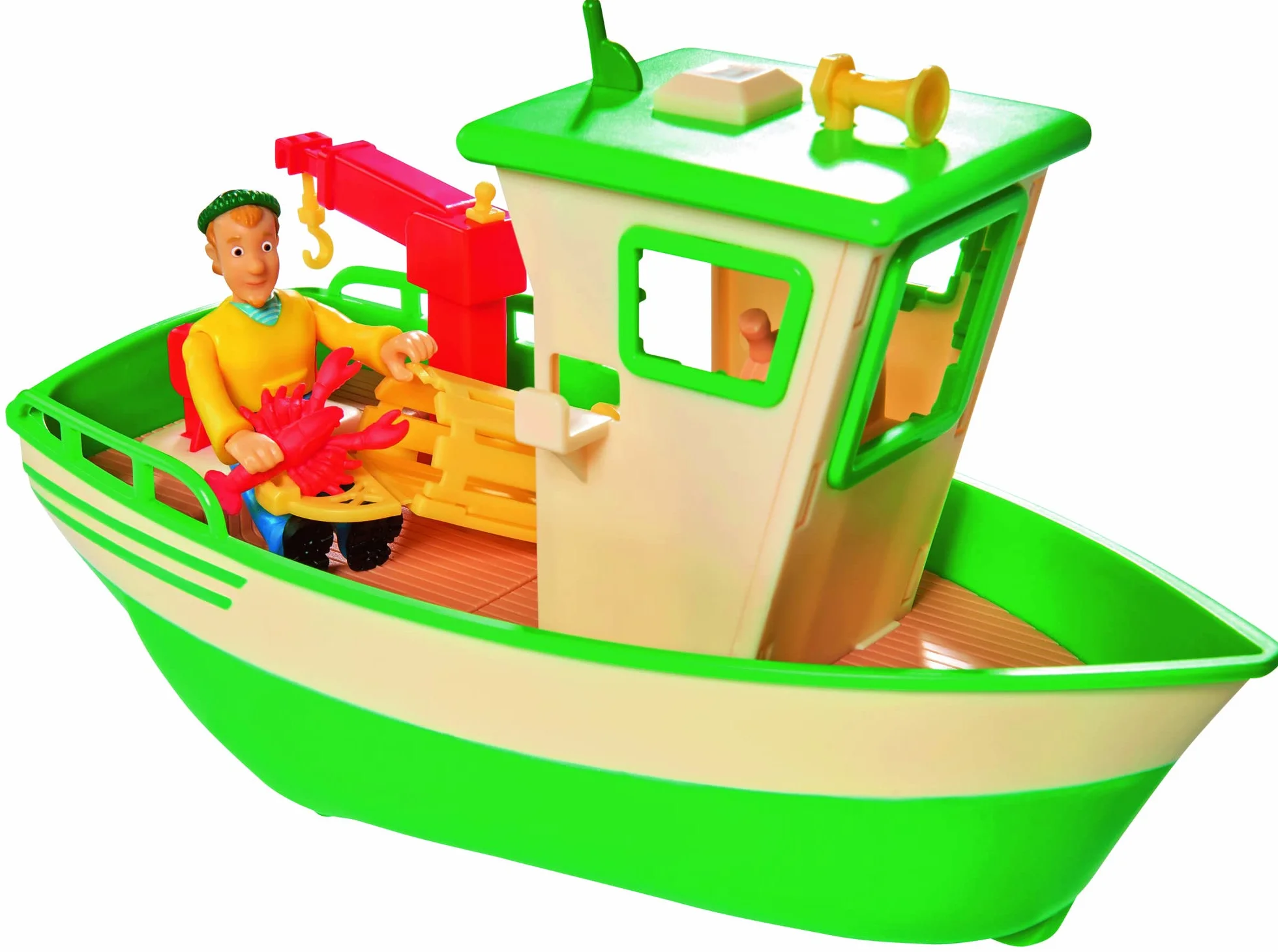 Simba 109251074038 Strażak Sam Pływająca Łódź Rybacka Charliego Z Figurką, Żuraw Ruchomy, Wciągarka Mechaniczna, Zamontowane Koła, Potrafi Jeździć, dla dzieci od 3 lat, wielkość 19 cm