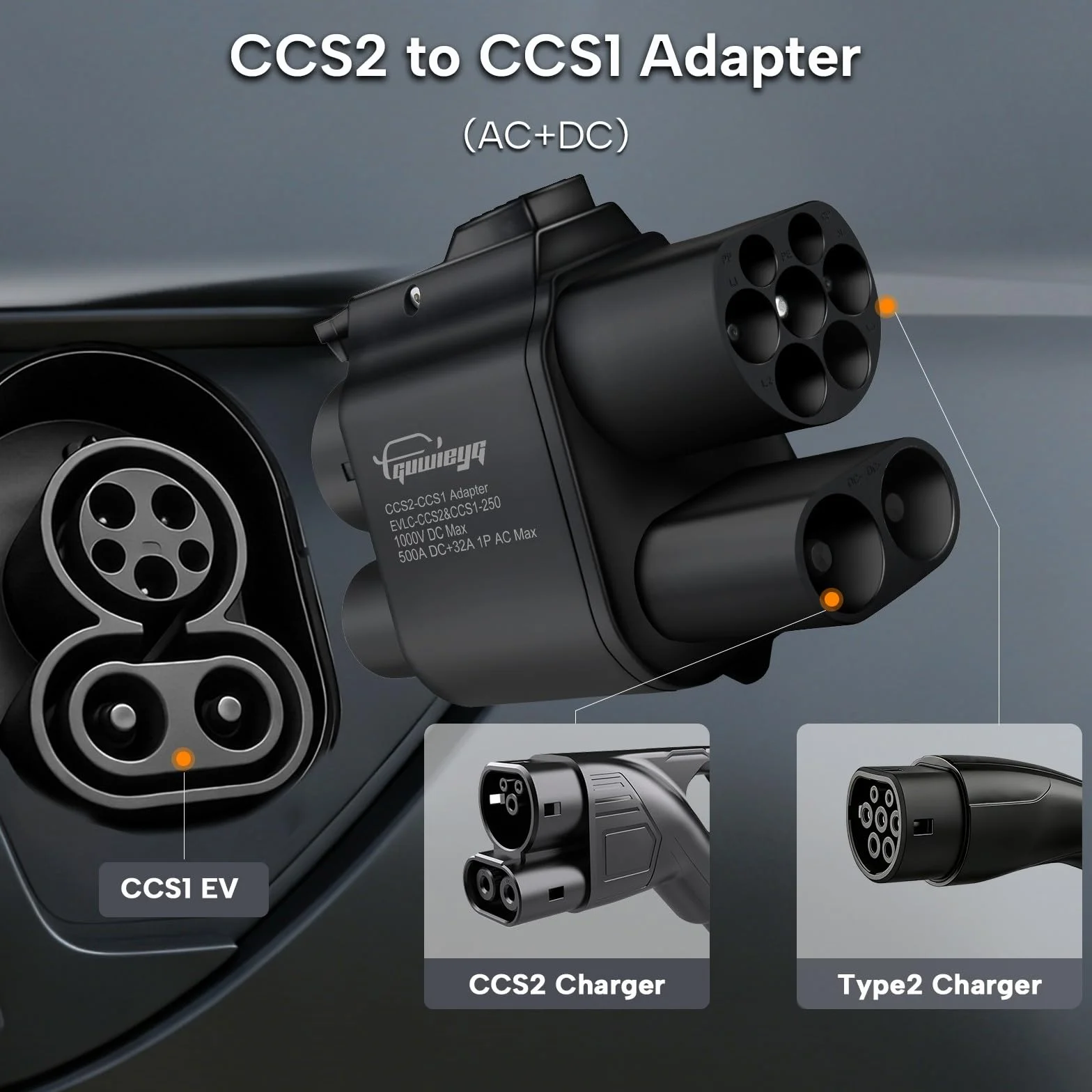 CCS2 to CCS1 Adapter ładowarki, Typ 2 do Typu 1 EV Adapter, 1000V 500A, Kompatybilny z ładowaniem AC i DC, Pojazdów Elektrycznych IEC 62196 do SAE J1772