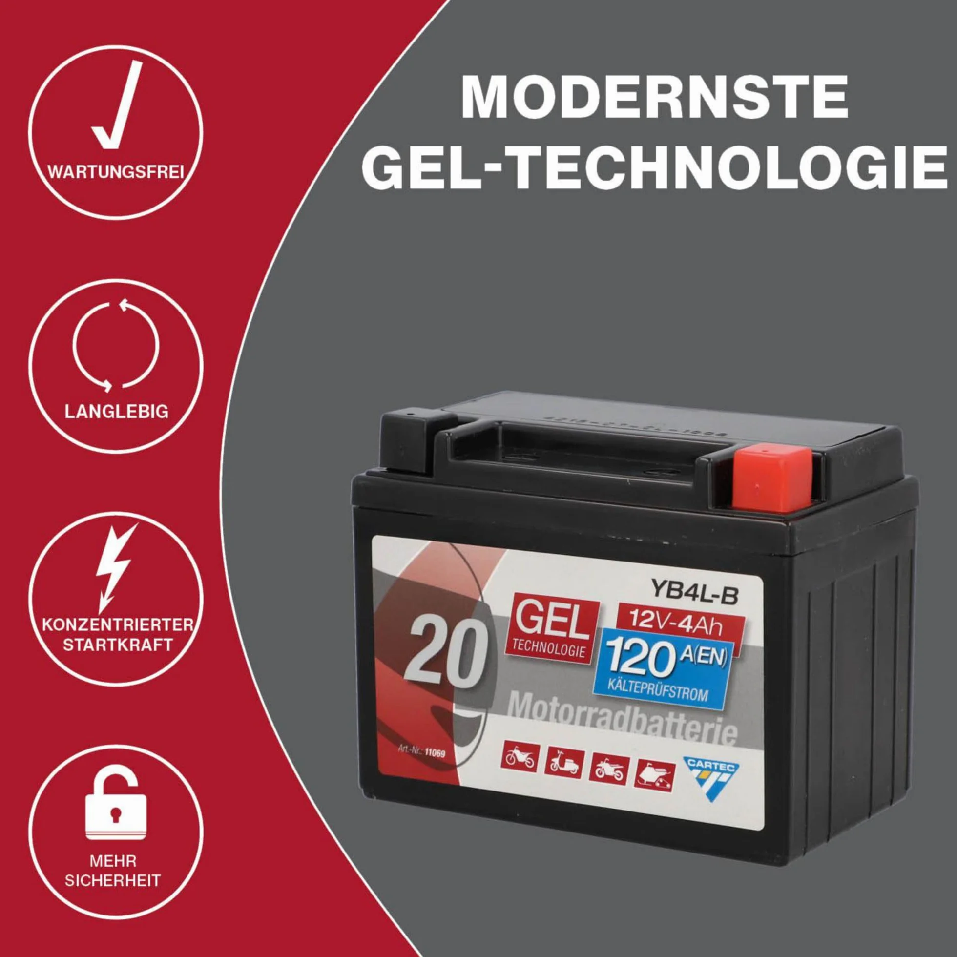 CARTEC Akumulator motocyklowy YB4L-B, 4 Ah 120 A, technologia żelowa, jakość OEM, odporny na cykl, możliwość przechowywania, bezobsługowy, czarny