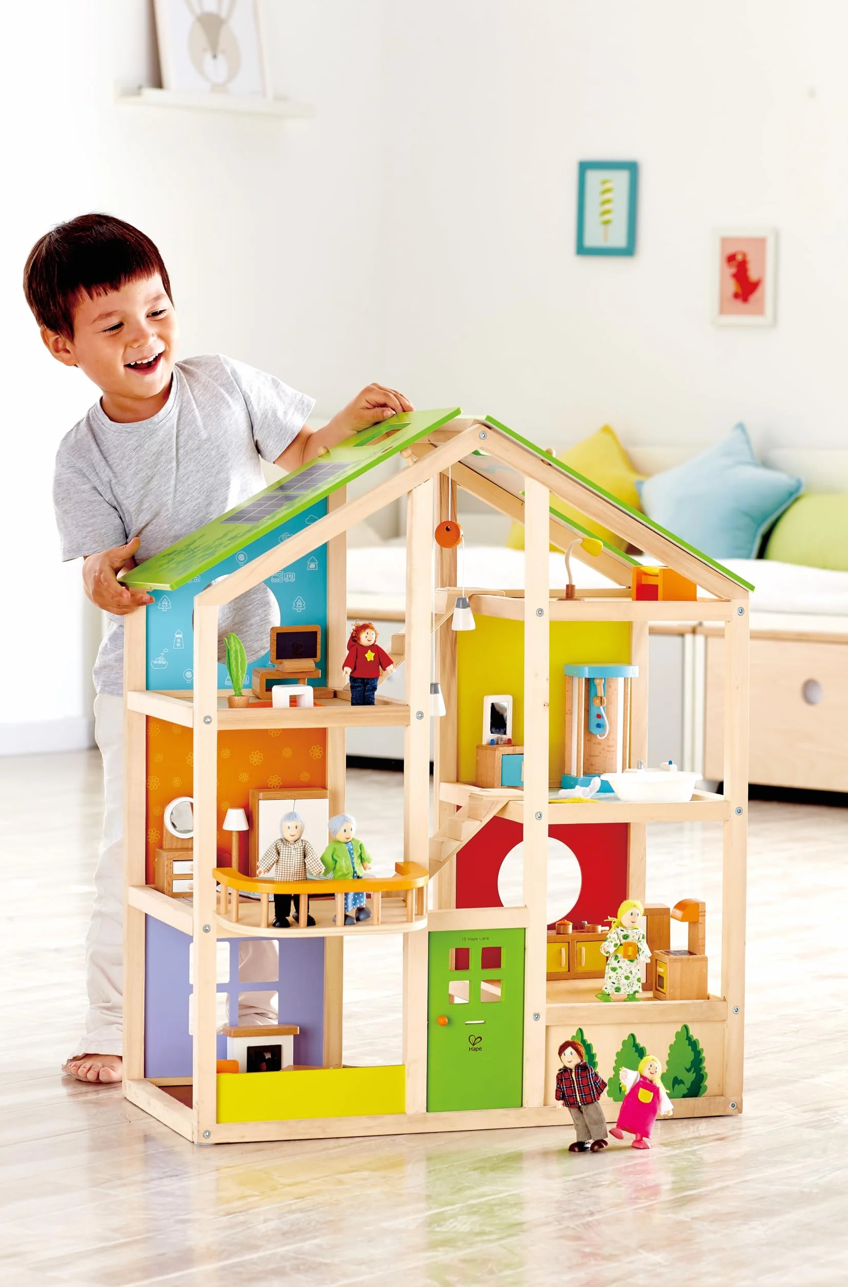 Hape All Season House (Furnished), Award-Winning 3-Storey Dolls House Toy with Furniture, Accessories, Movable Stairs and Reversible Season Theme