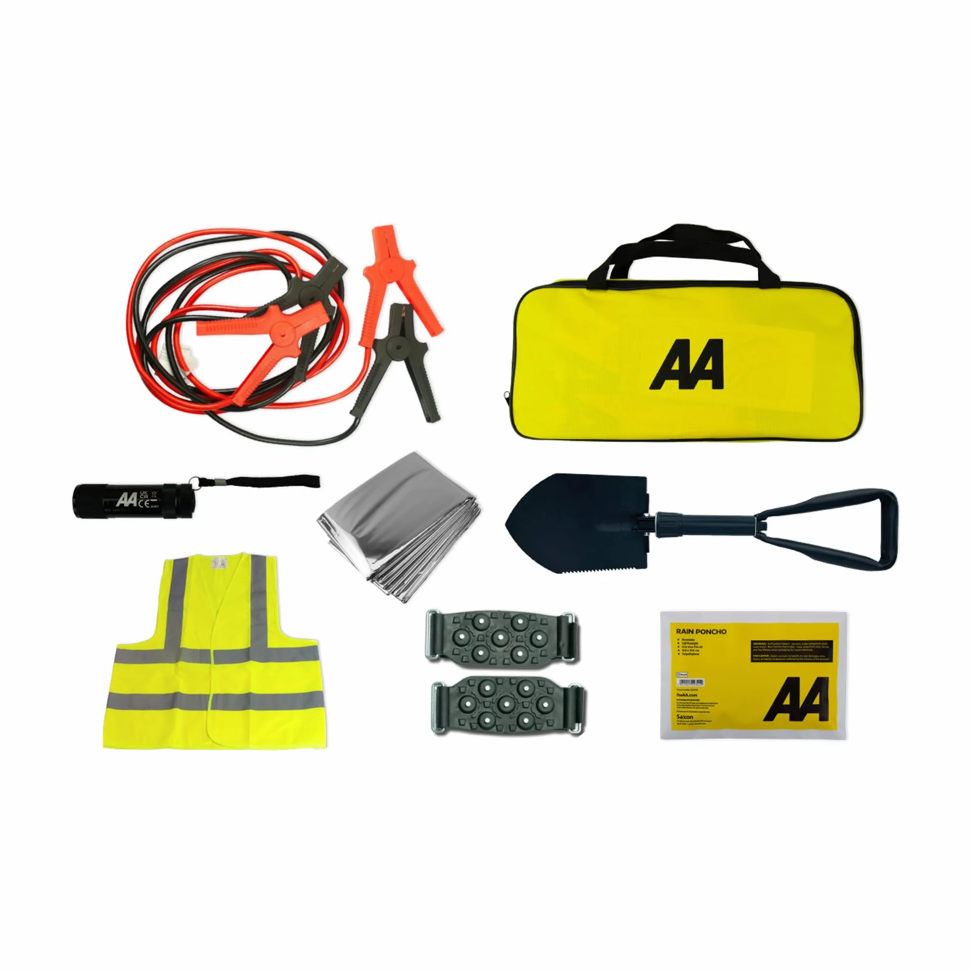 Zestaw awaryjny zimowy samochodowy AA5281 składana łopatka do śniegu latarka 9-LED koc foliowy kamizelka Hi-Vis ponczo przeciwdeszczowe kable wspomagające uchwyty śnieżne