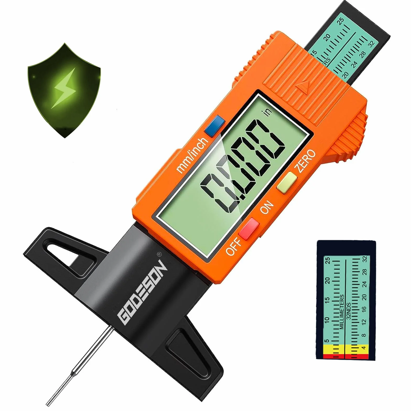 GODESON Oranżowy cyfrowy miernik głębokości bieżnika opon, 0-25,4 mm, cyfrowy miernik opon z dużym wyświetlaczem LCD i oranżowym cyfrowym miernikiem głębokości bieżnika do opon do samochodów