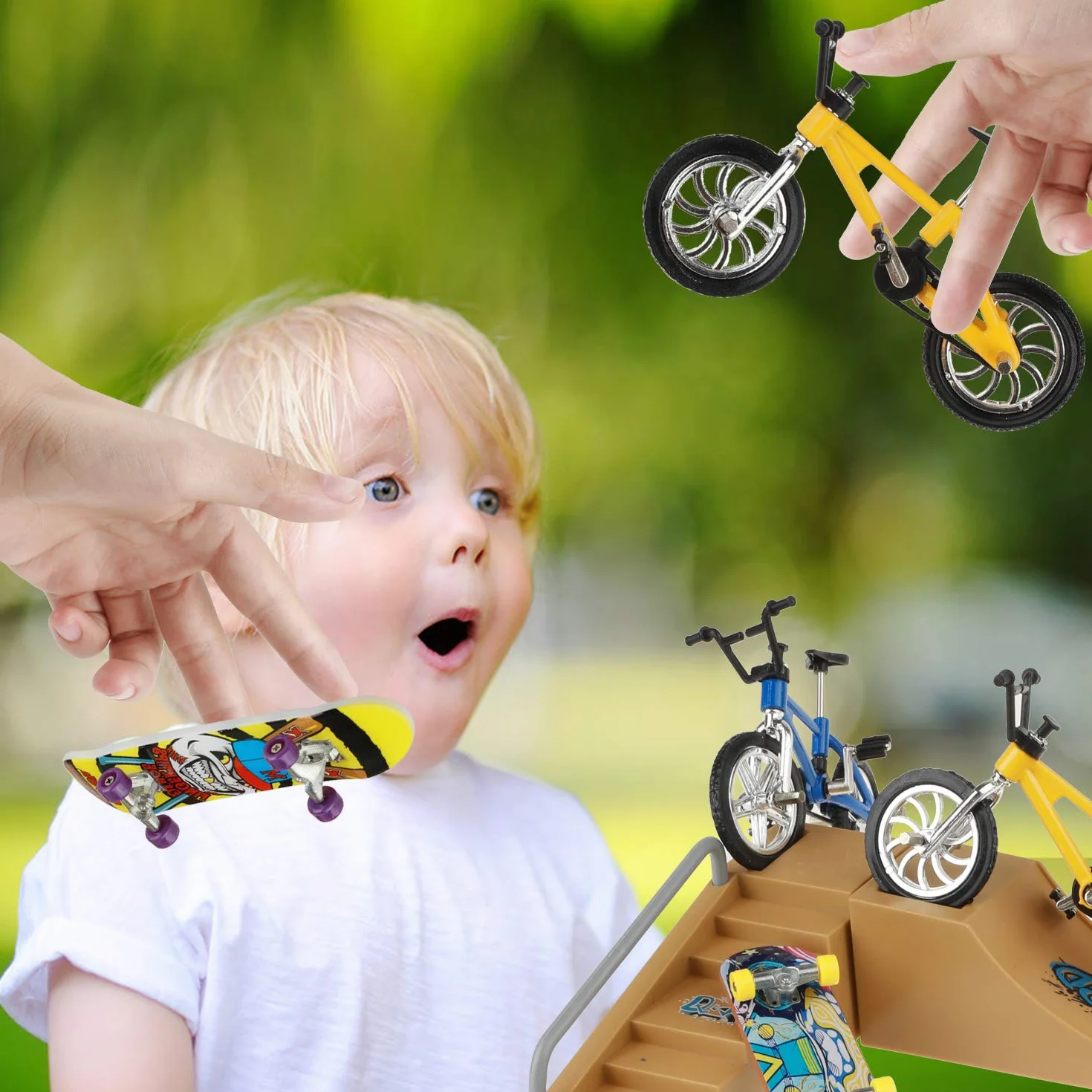 Zestaw części do skateparku, rekwizyty treningowe z 4 deskorolkami, 2 rowerkami na palce, 1 parą łyżew i 1 hulajnogą