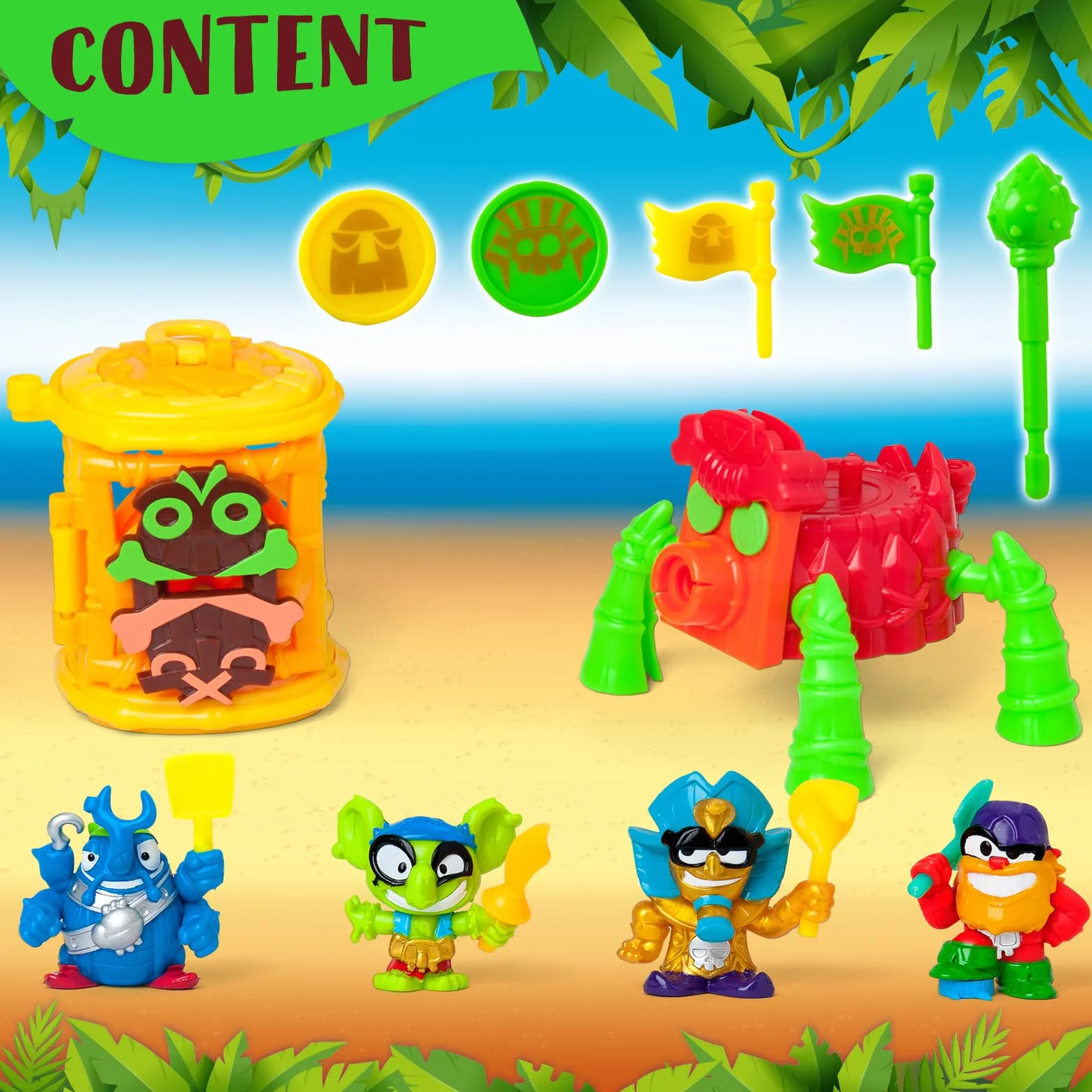 PIRATIX, ADVENTURE WORLD Seria Crazy Jungle, Captain Pack Pharaonix– zawiera 4 figurki Piratix,w tym 1 złotego kapitana,4 akcesoria,1 klatkę,1 armatę,2 ekskluzywne monety,2 flagi. Zestaw 4 z 6
