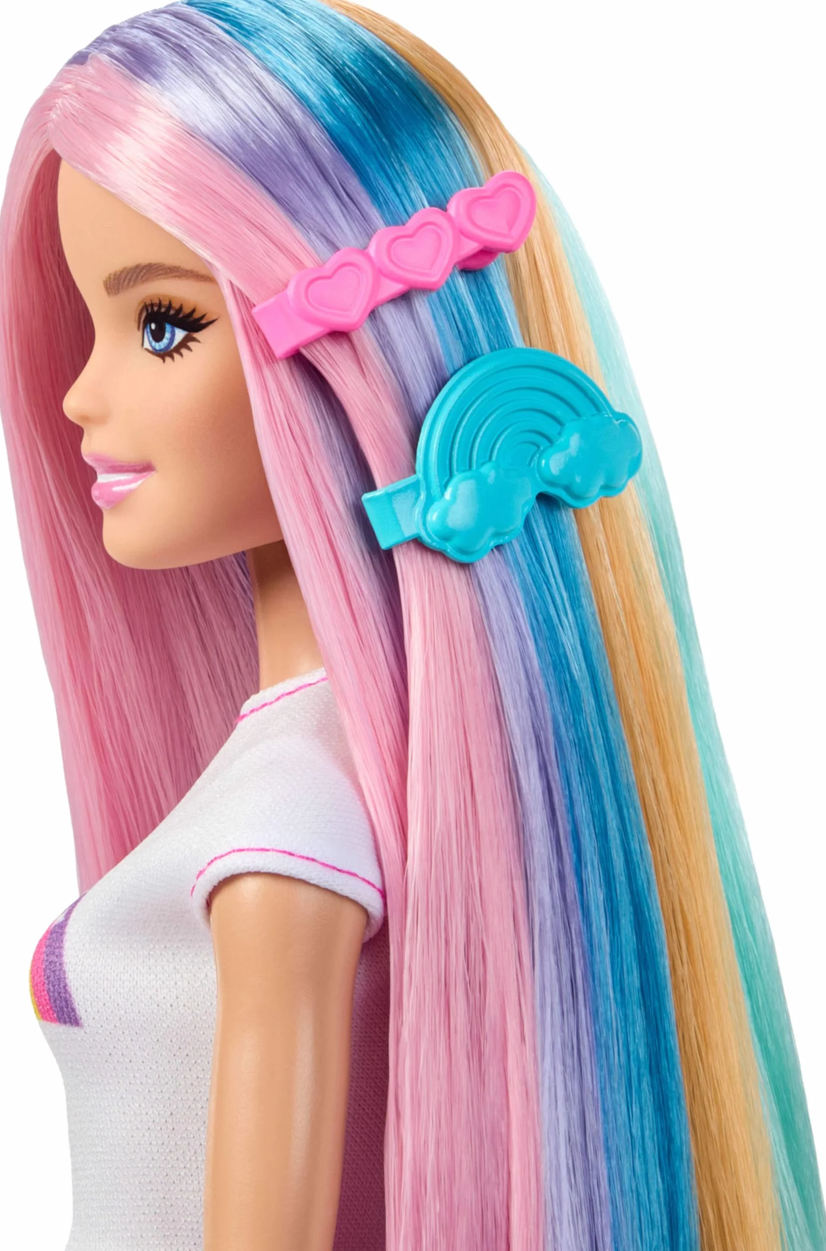 Barbie Lalka Tęczowe brokatowe włosy Zestaw, bardzo długie kolorowe włosy, 12 akcesoriów do stylizacji, w tym aplikator z brokatem, szczotka, spinki, suszarka do włosów, zabawka dla dzieci 3+, JJP07