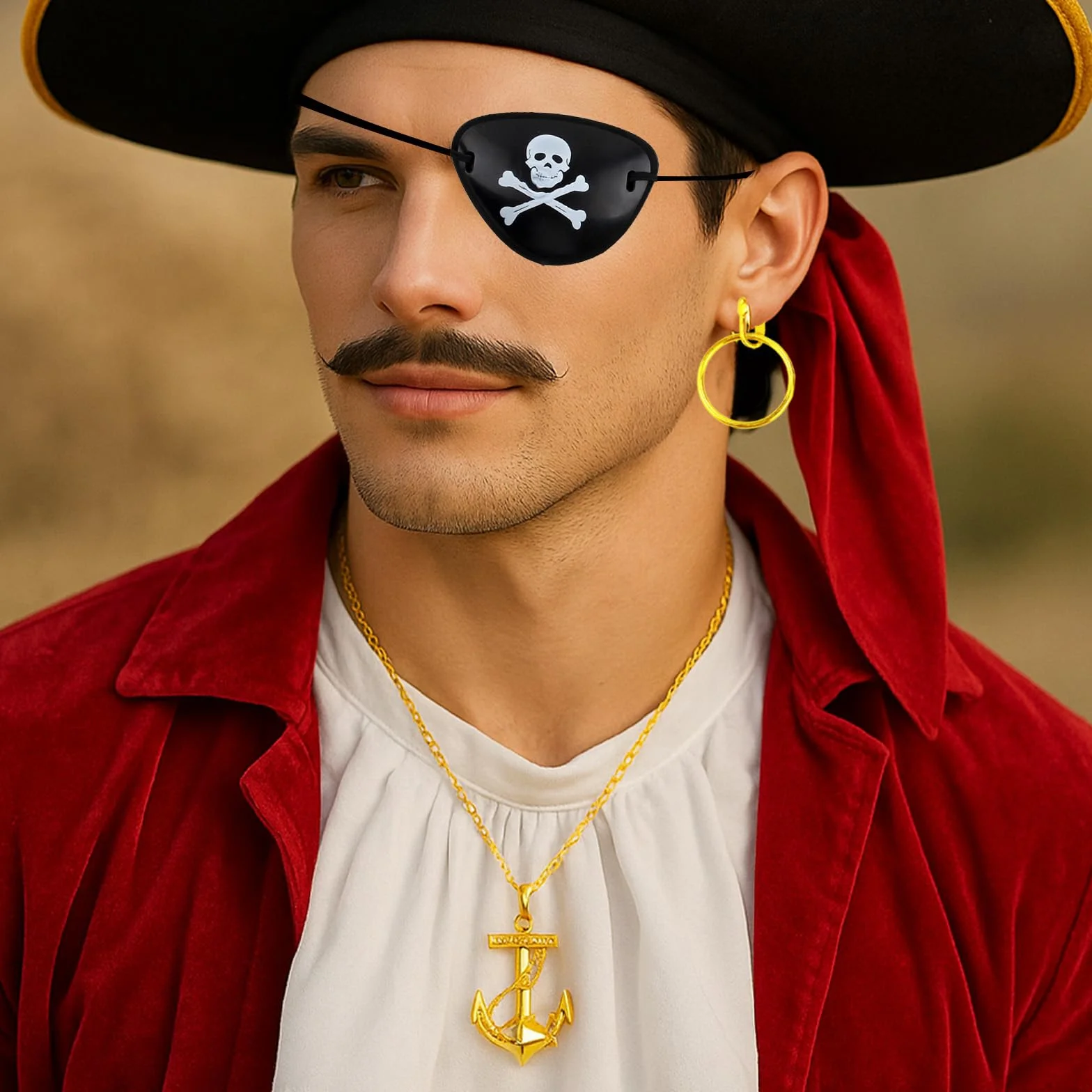 6-częściowy zestaw akcesoriów do kostiumu pirata dla dzieci, zawiera czapkę piracką, opaskę na oczy, naszyjnik, kolczyki, torbę na pieniądze, idealny na Halloween, imprezę, cosplay i motyw