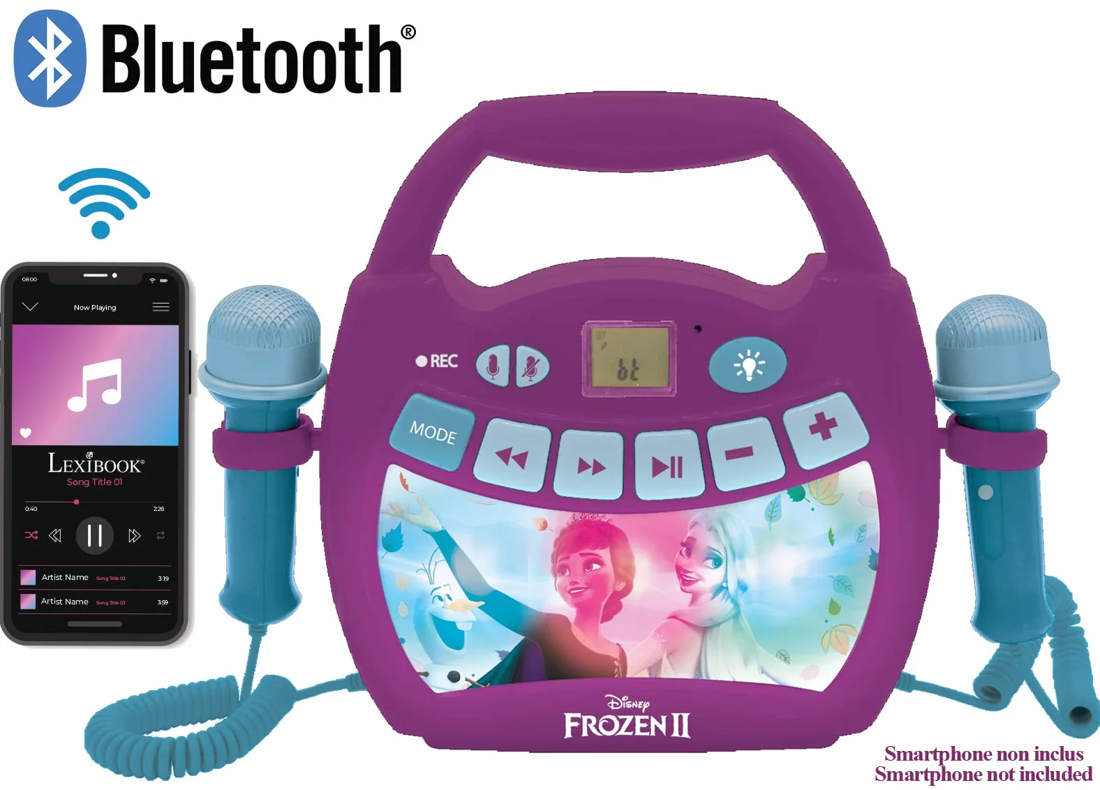 Lexibook, Frozen, Przenośny Odtwarzacz Cyfrowy Karaoke dla Dzieci, Mikrofony, Efekty Świetlne, Bluetooth, Funkcje Nagrywania i Zmiany Głosu, Fioletowy, MP320FZZ