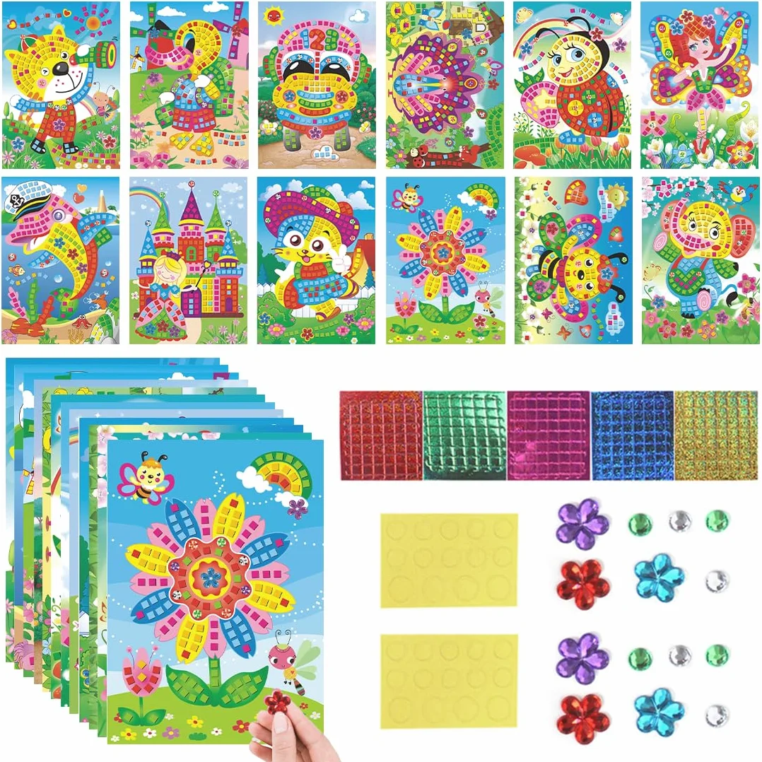 Wishstar Zestaw do majsterkowania dla dzieci, 12 sztuk samoprzylepnych mozaik, dla dzieci, brokatowe, wielokolorowe obrazy mozaiki papierowej, DIY, prezenty dla dziewcząt i chłopców od 4 lat